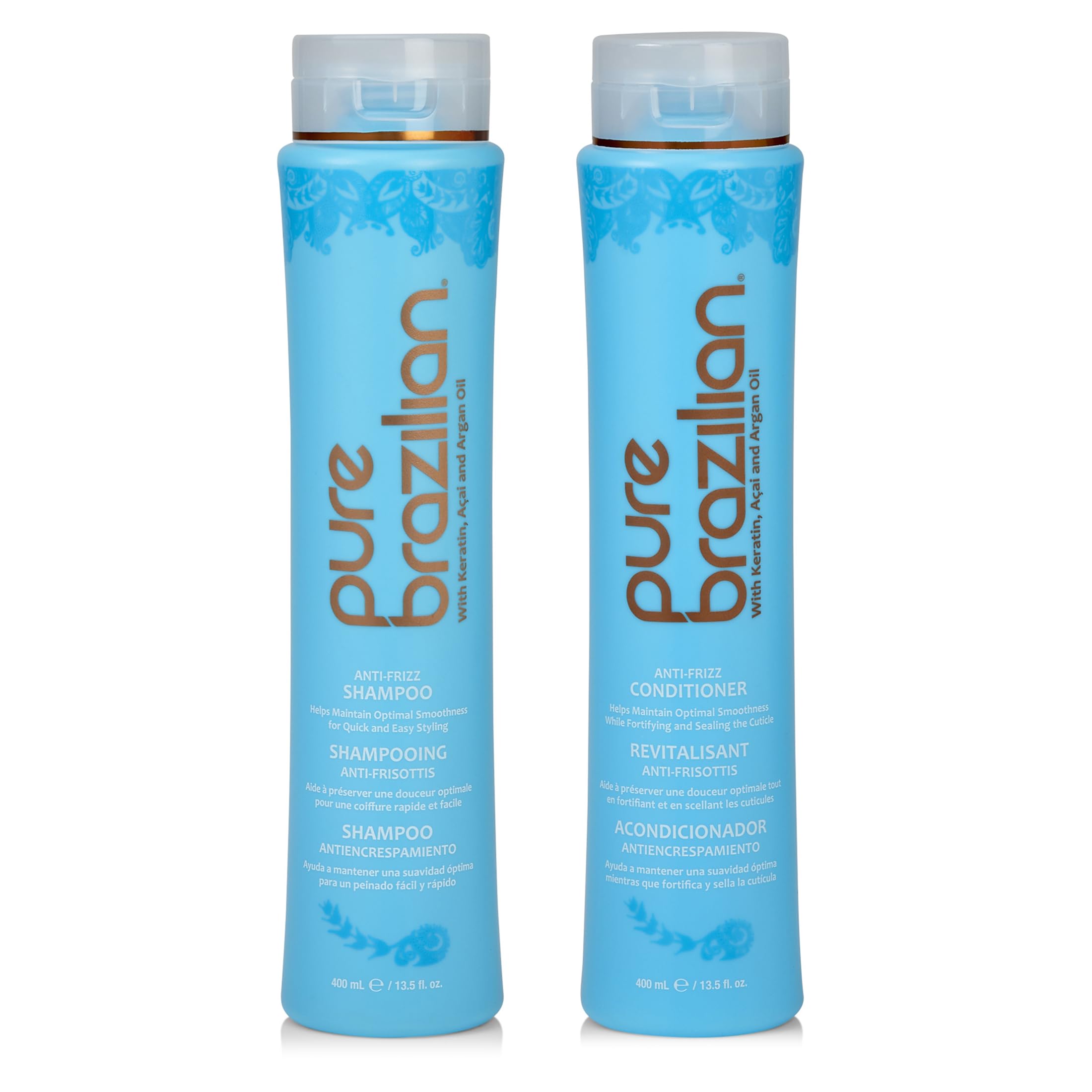 Pure Brazilian anti-frizz shampoo bottle shows daily frizz prevention for smoother hair.