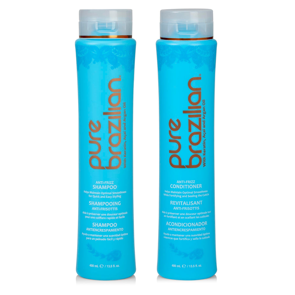 Pure Brazilian anti-frizz shampoo bottle shows daily frizz prevention for smoother hair.