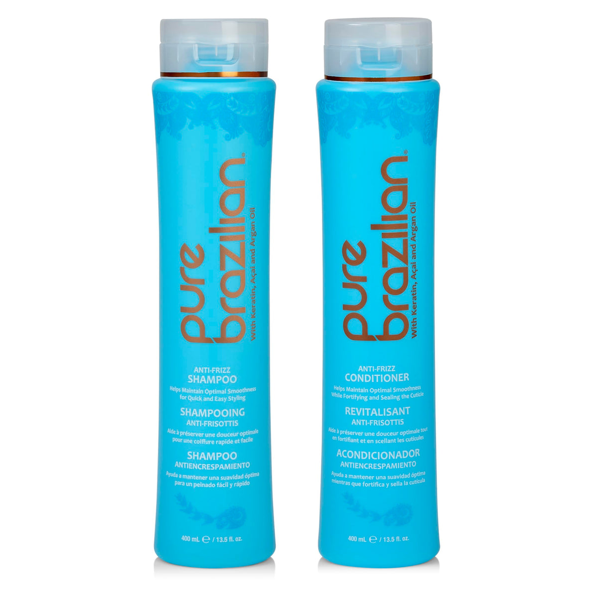 Pure Brazilian anti-frizz shampoo bottle shows daily frizz prevention for smoother hair.