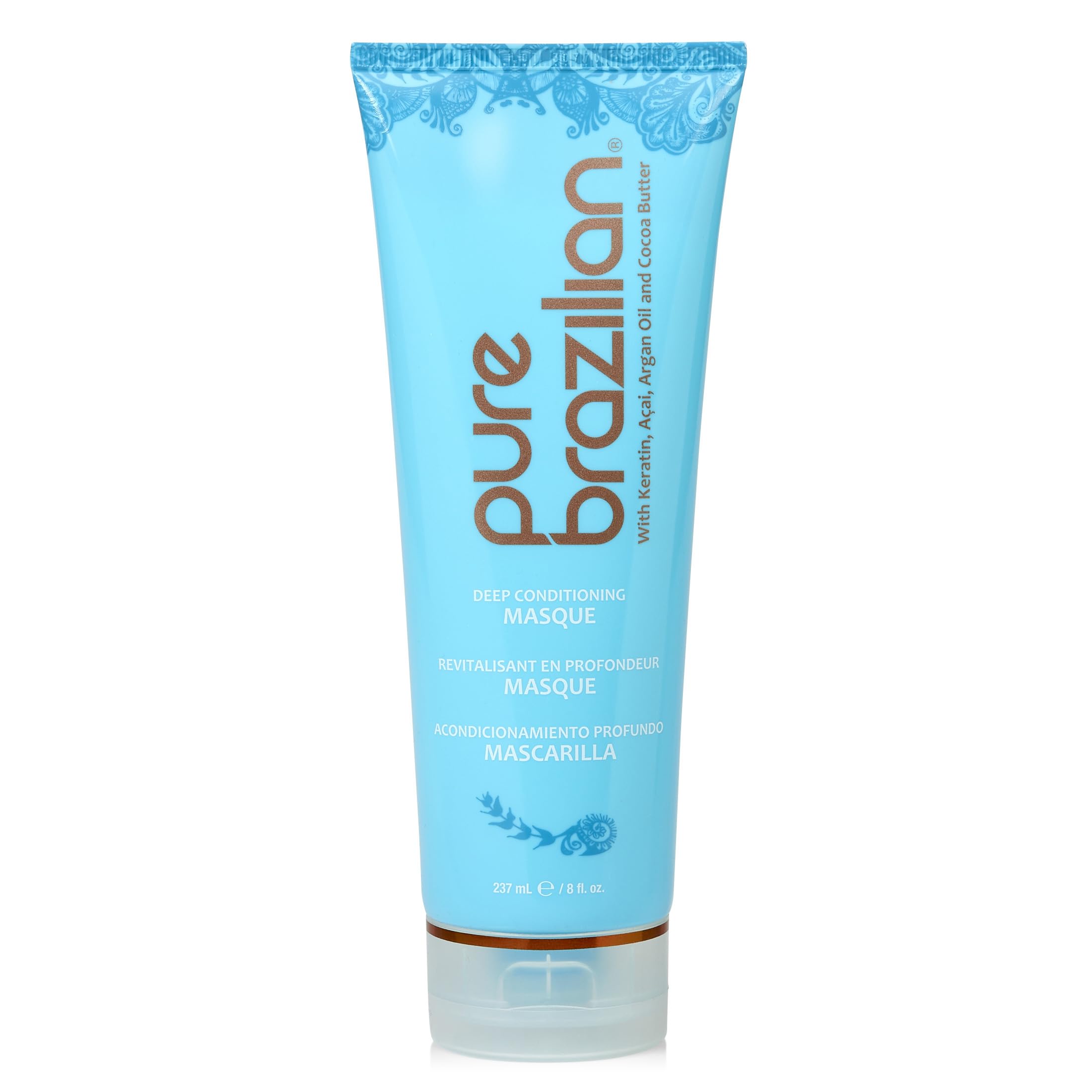 Pure Brazilian Deep Conditioning Masque bottle with keratin-acai formula for salon-like shine