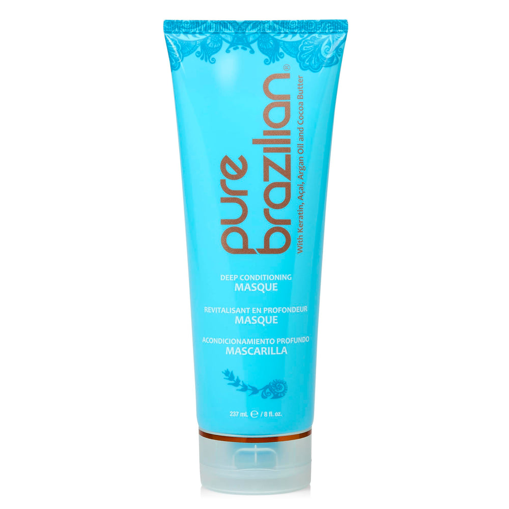 Pure Brazilian Deep Conditioning Masque bottle with keratin-acai formula for salon-like shine