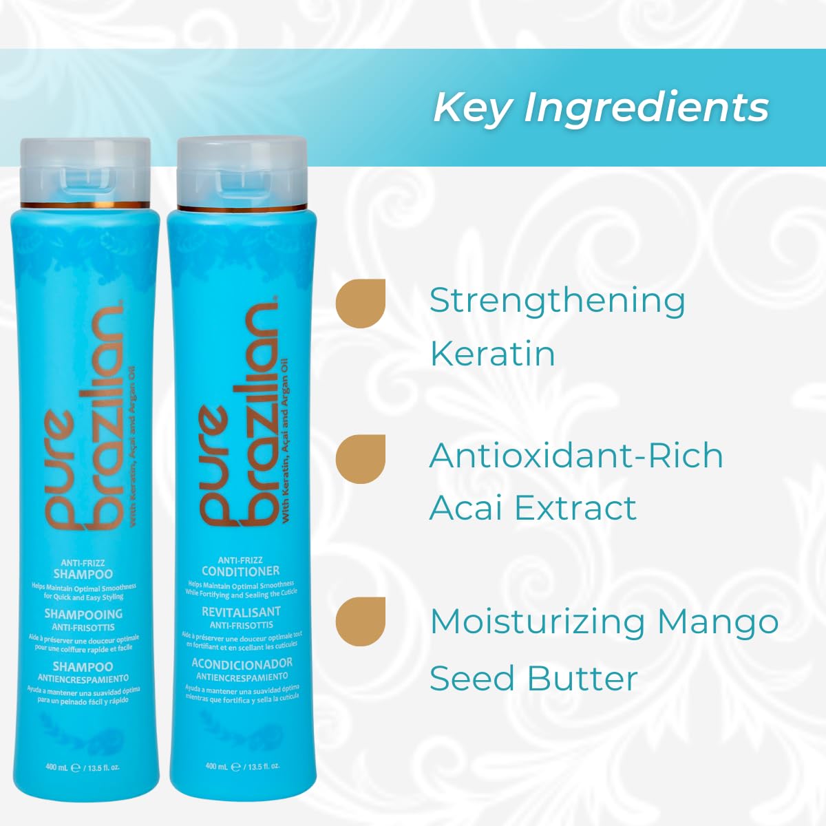 Pure Brazilian keratin argan acai ingredients closeup emphasizes nourishing nutrient delivery.