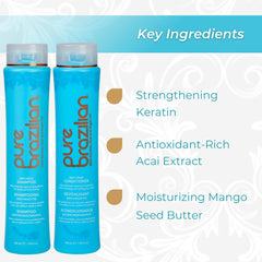 Pure Brazilian keratin argan acai ingredients closeup emphasizes nourishing nutrient delivery.
