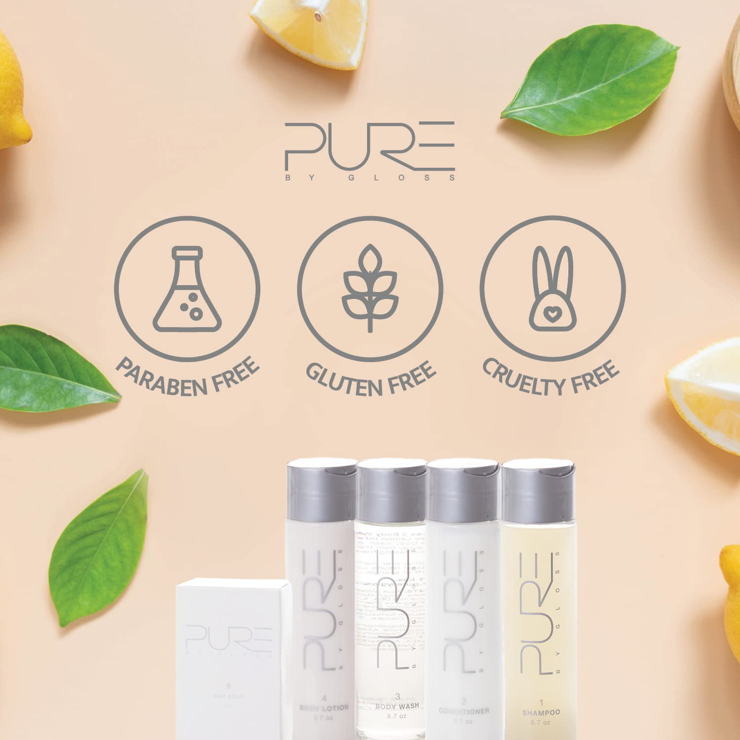 Pure By Gloss lotion showcased in a hotel spa setting for home pampering