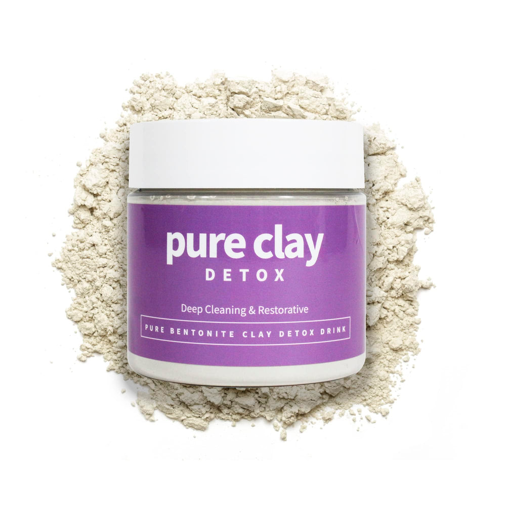 Pure Clay calcium bentonite powder packaging for versatile internal and external detox use.