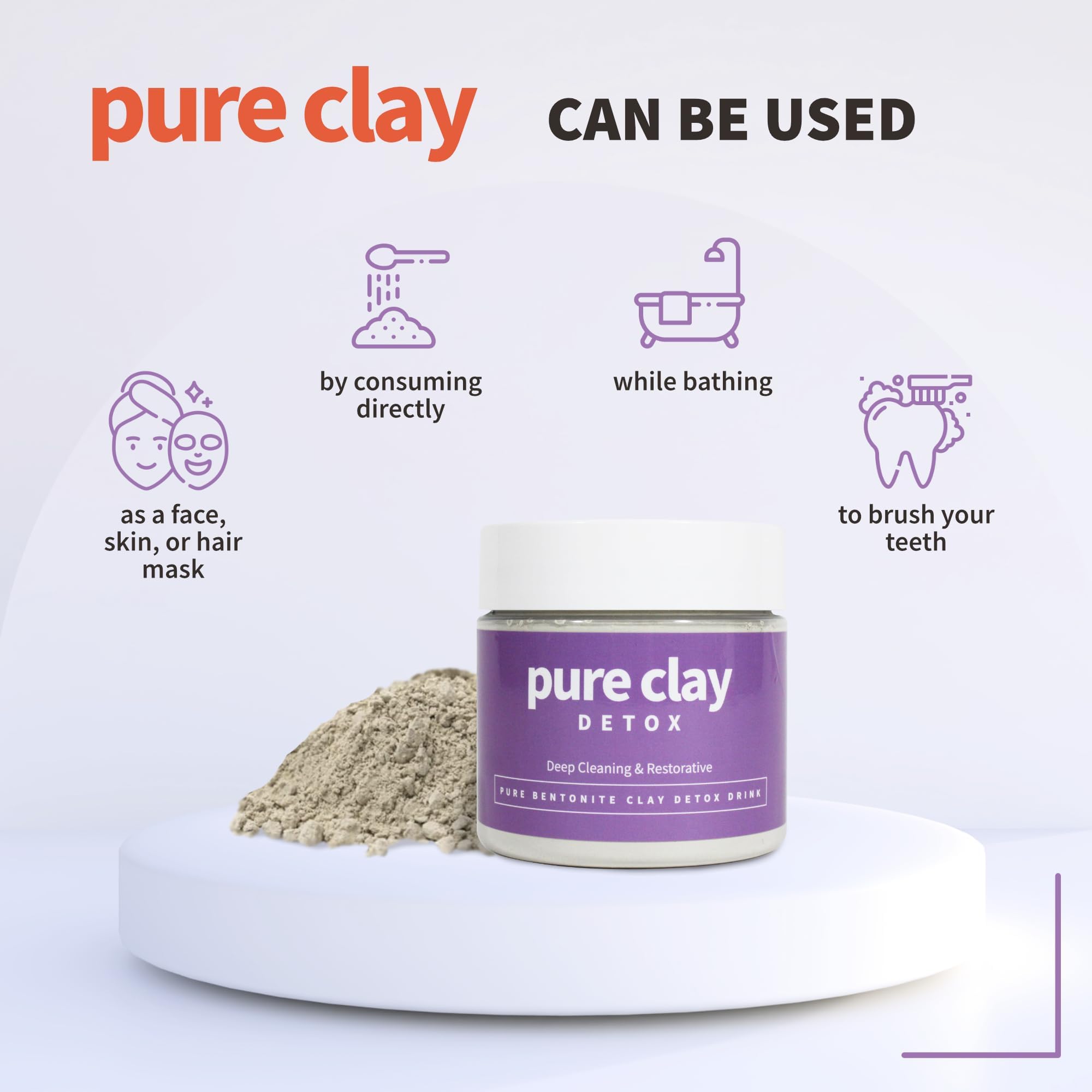 Pure Clay calcium bentonite powder scoop highlights convenient dose for daily detox and mask prep.
