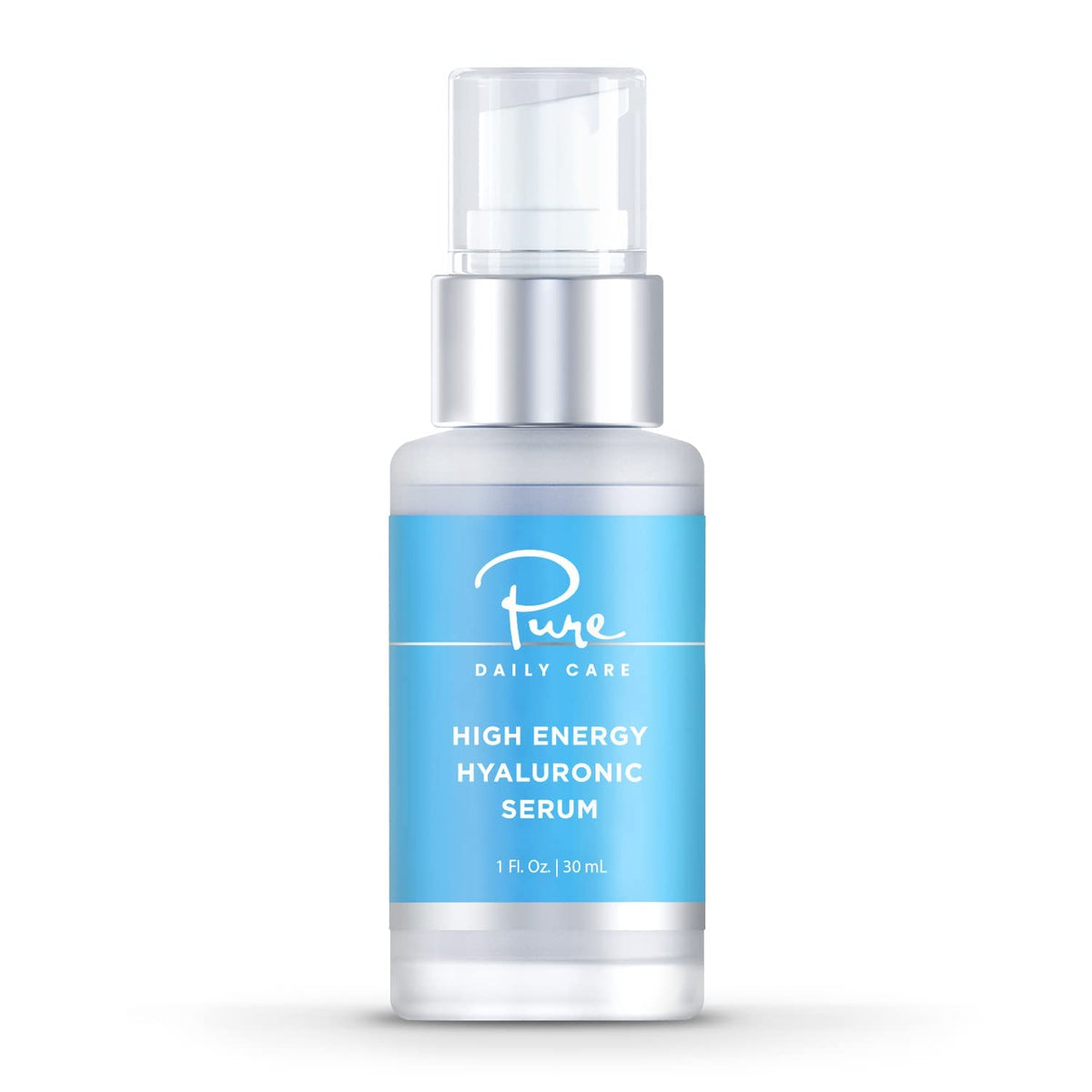 Pure Daily Care High Energy Hyaluronic Serum bottle showing hydration potential