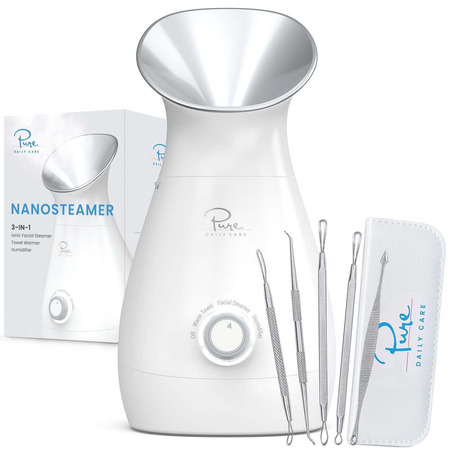 Pure Daily Care Nanosteamer front view, sleek device for spa-quality skincare