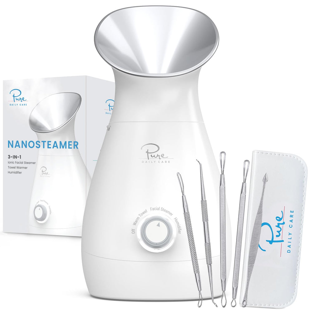 Pure Daily Care Nanosteamer front view, sleek device for spa-quality skincare