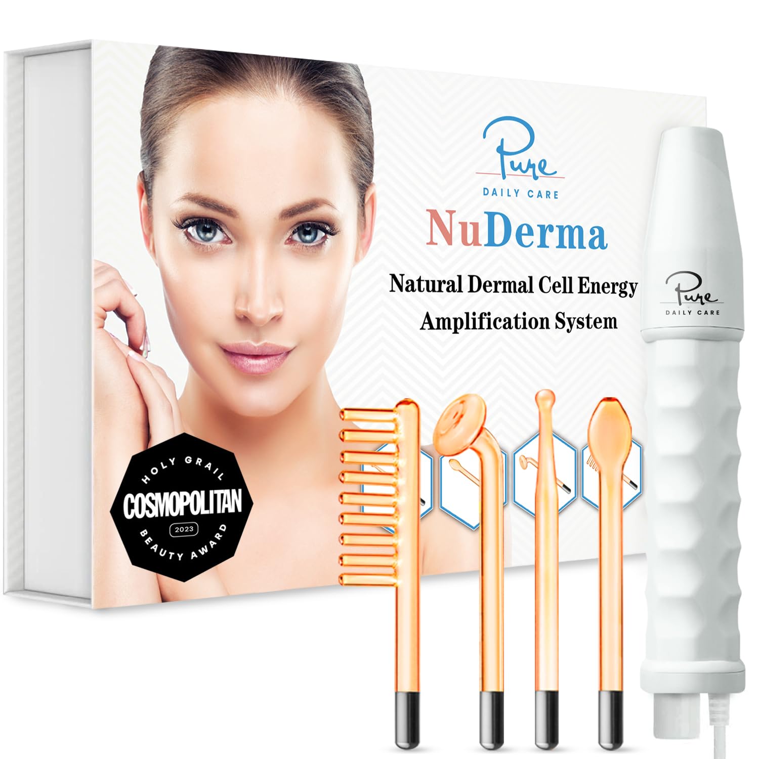 Pure Daily Care NuDerma handheld device closeup for at home anti aging sessions
