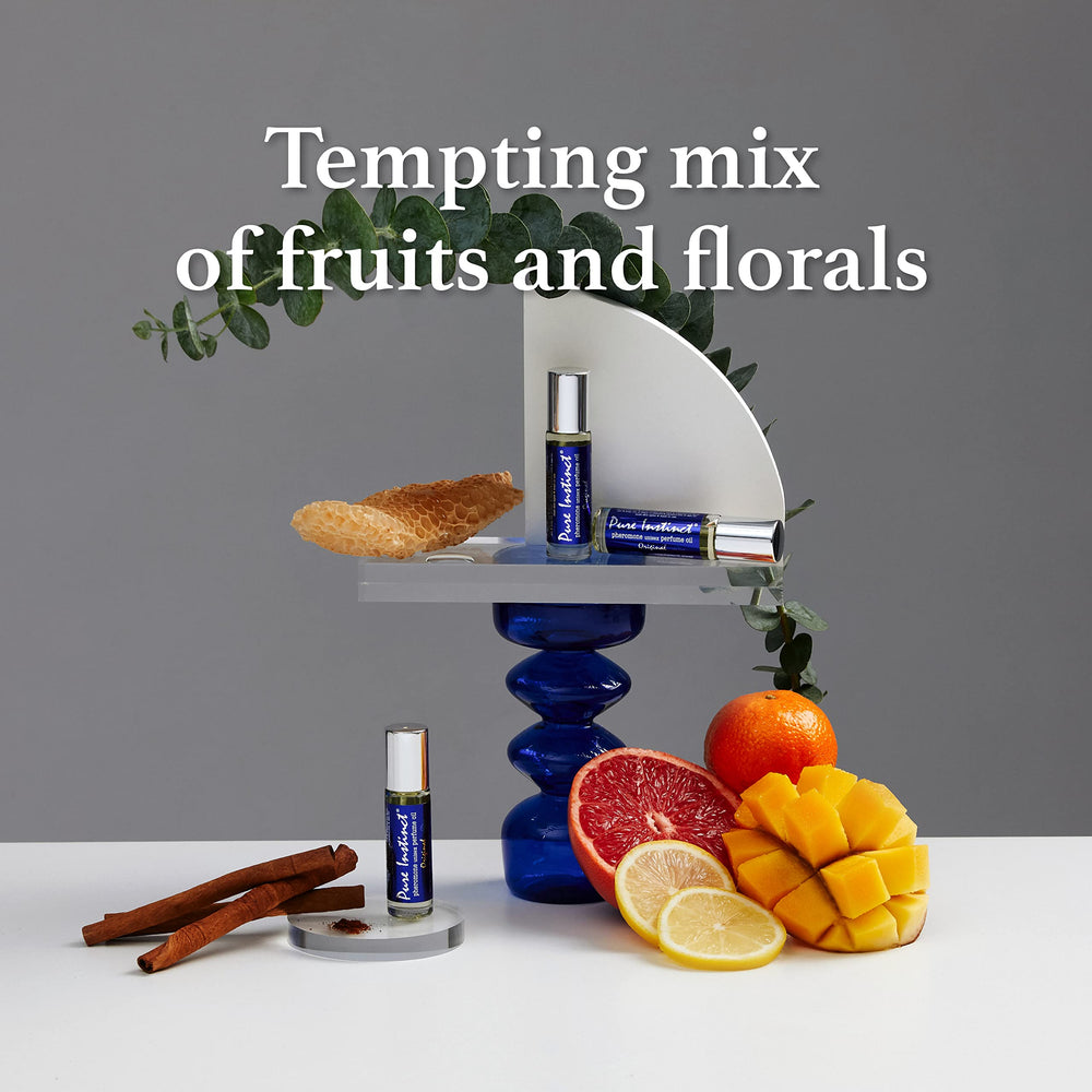 Pure Instinct Roll-On bottle close-up highlighting pheromone-infused formula and premium packaging.