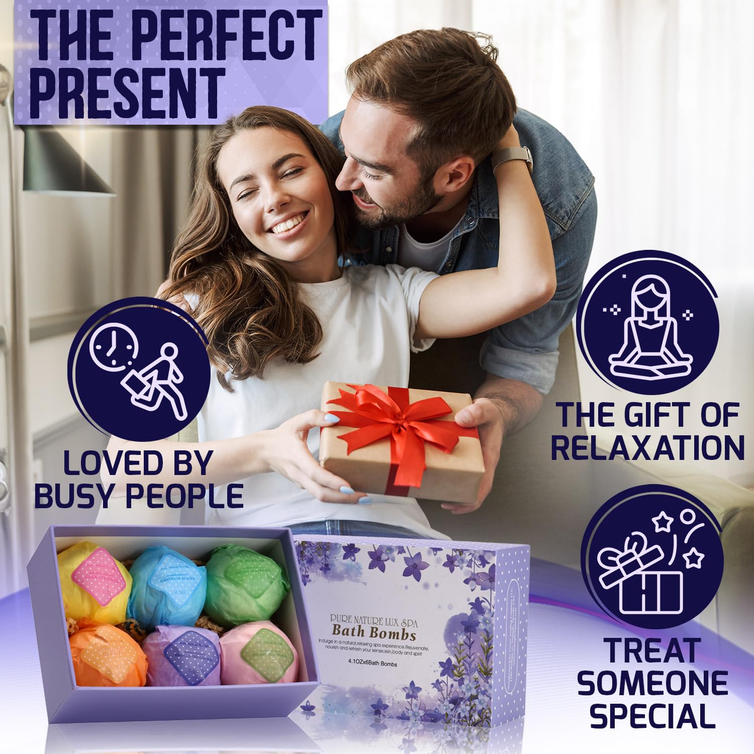 Pure Nature Lux Spa lavender bath bomb closeup emphasizing calming scent for relaxation ritual