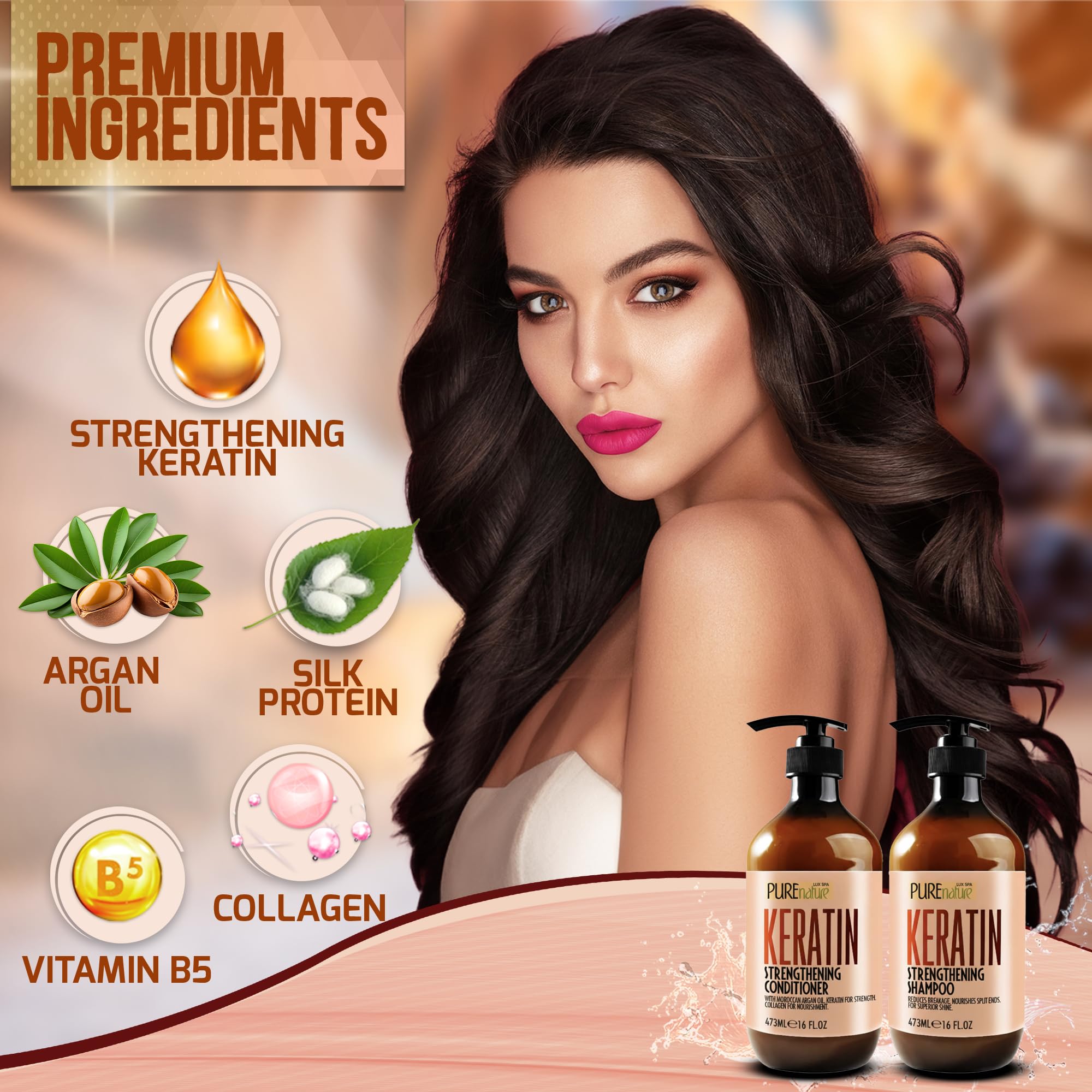 Pure Nature Lux Spa color treated hair model indicates safe care for color-treated hair.