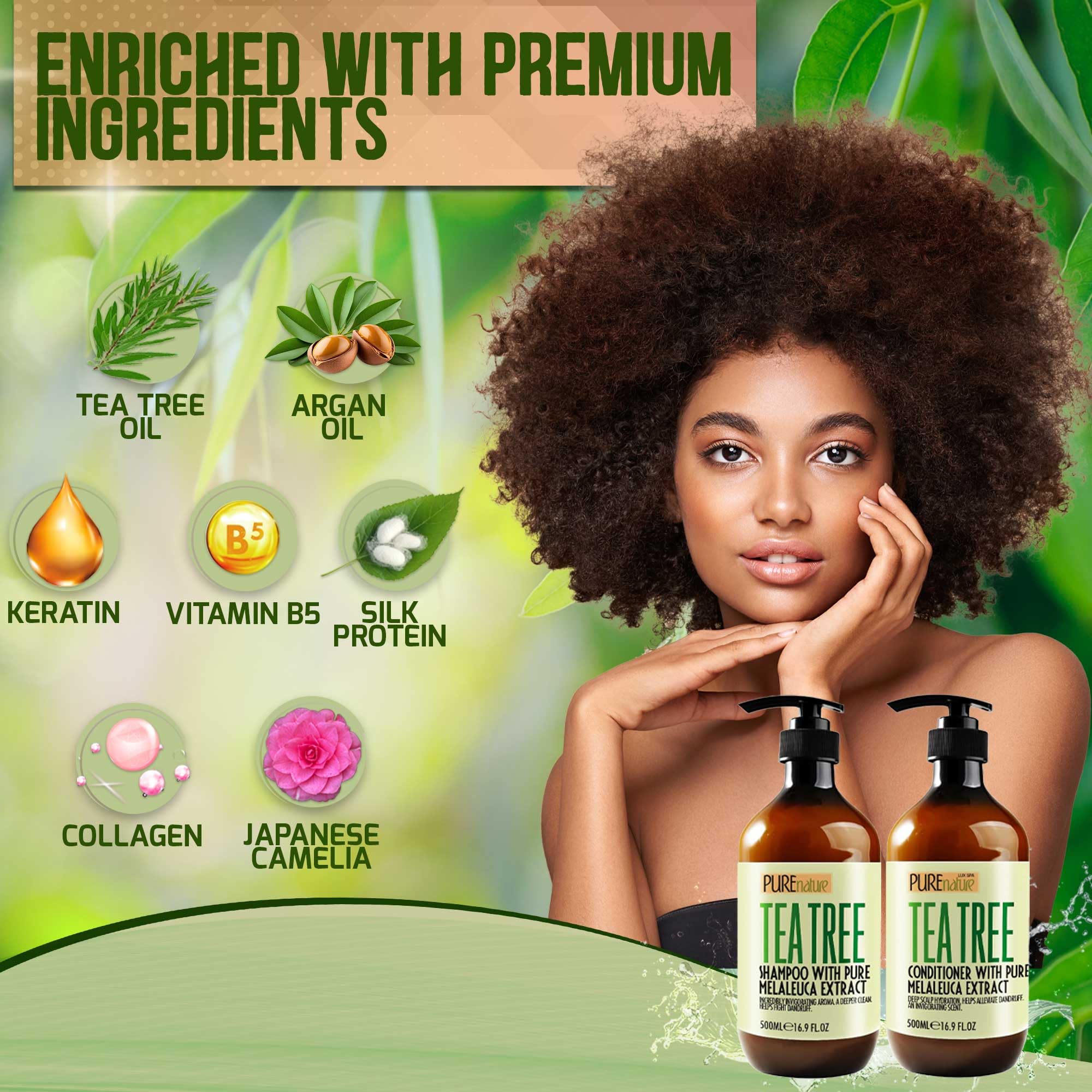 Pure Nature Lux Spa conditioner closeup shows silky-hair finish and moisture