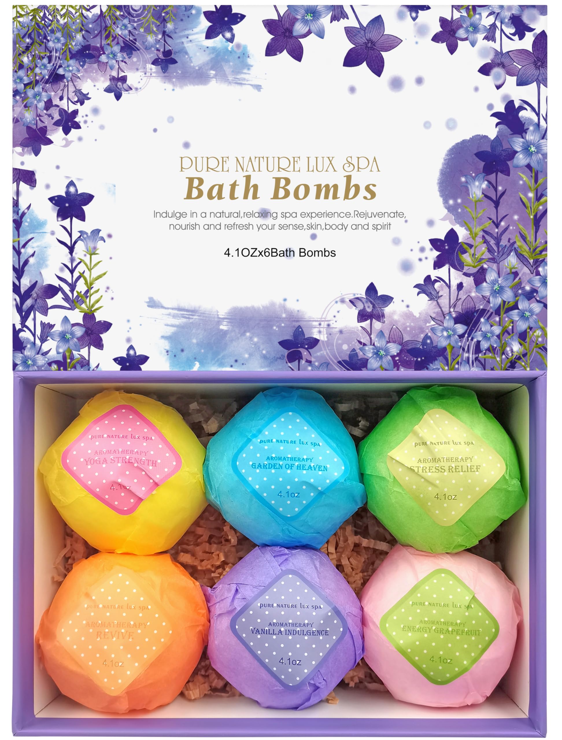 Pure Nature Lux Spa gift set front view highlights six XXL bath bombs for luxurious self-care