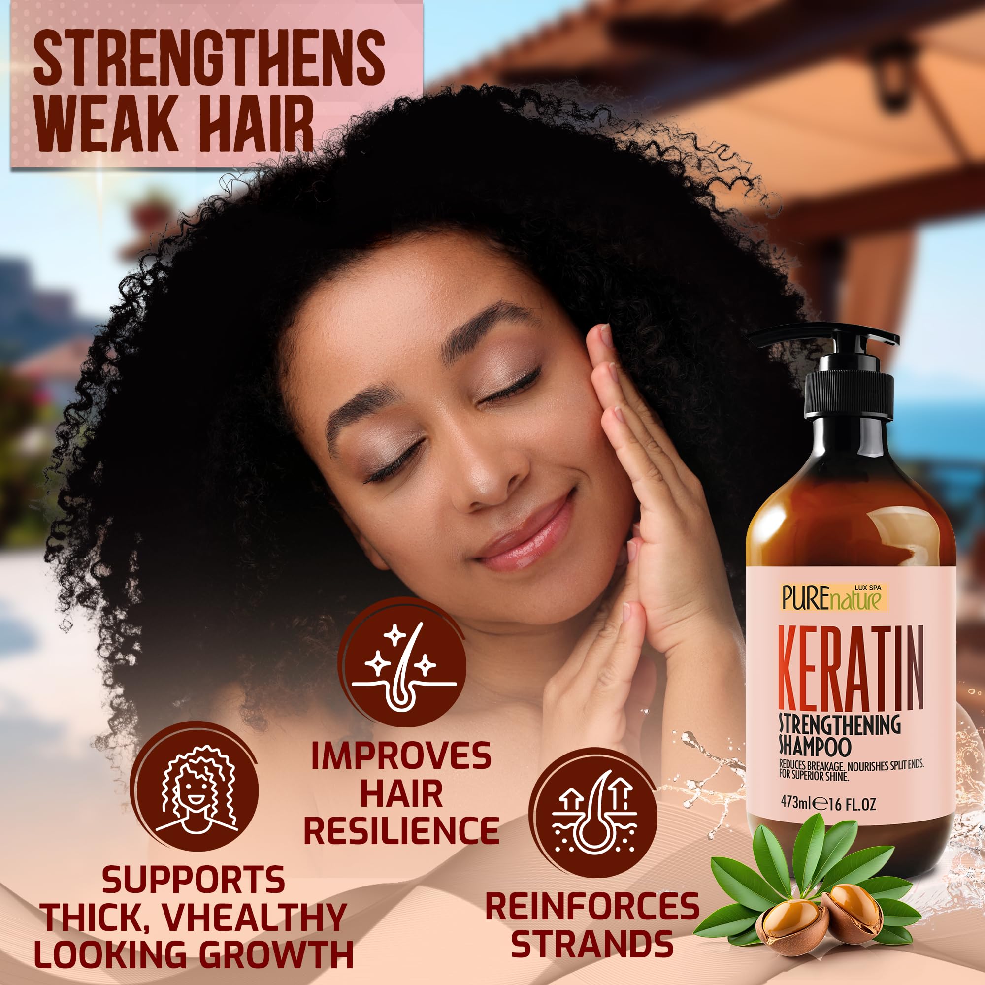 PURE NATURE LUX SPA Keratin Shampoo bathroom setup signals daily use for thinning hair.