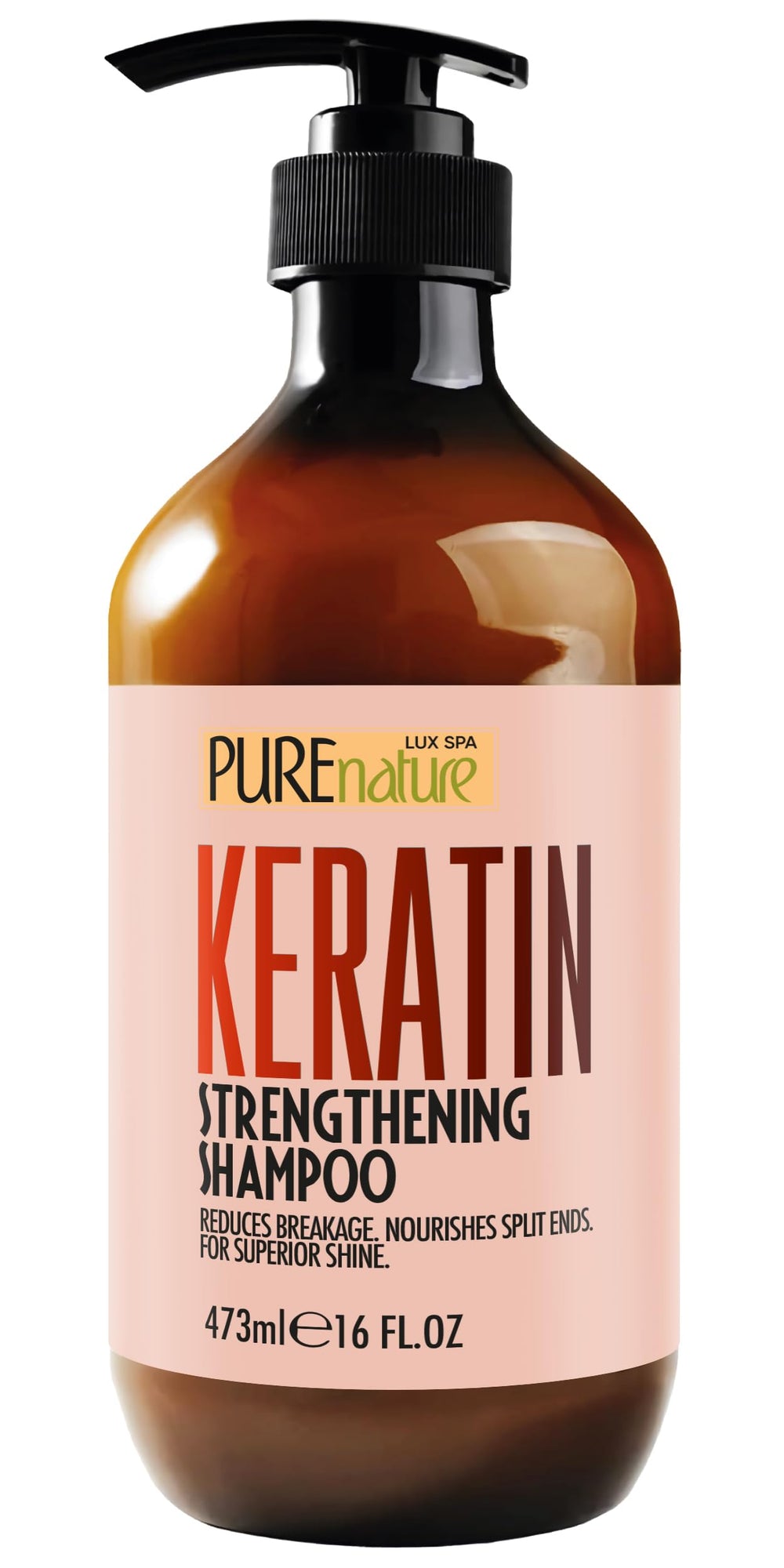 PURE NATURE LUX SPA Keratin Shampoo bottle shows a strengthening cleanse for damaged hair.