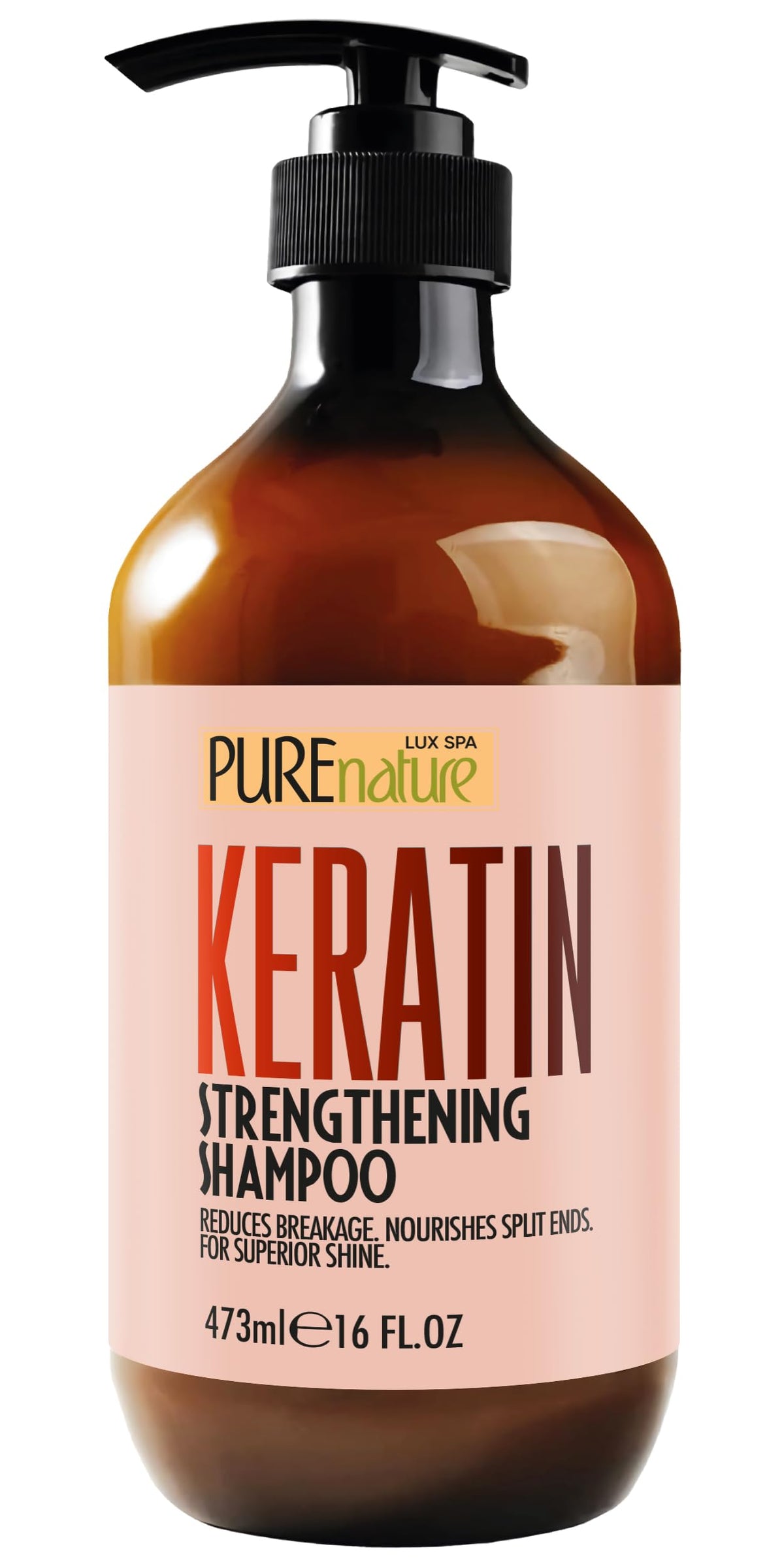 PURE NATURE LUX SPA Keratin Shampoo bottle shows a strengthening cleanse for damaged hair.