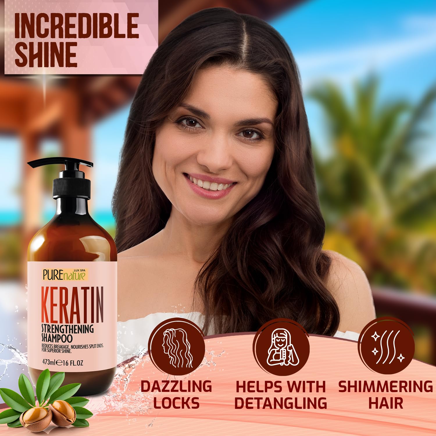 PURE NATURE LUX SPA Keratin Shampoo dry hair scene showing detangling benefits.