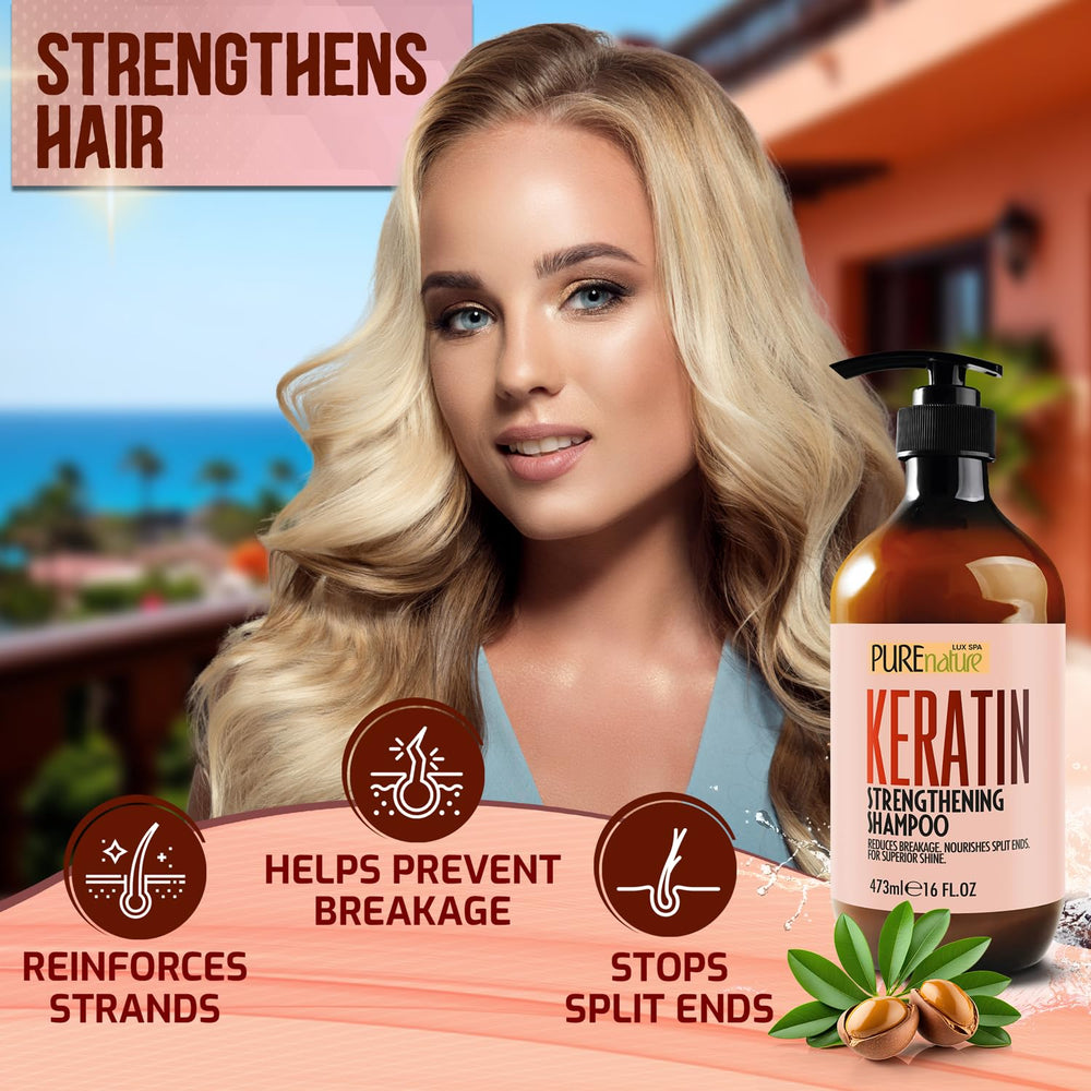 Pure Nature Lux Spa Keratin Shampoo lather closeup highlights gentle, sulfate-free cleansing.