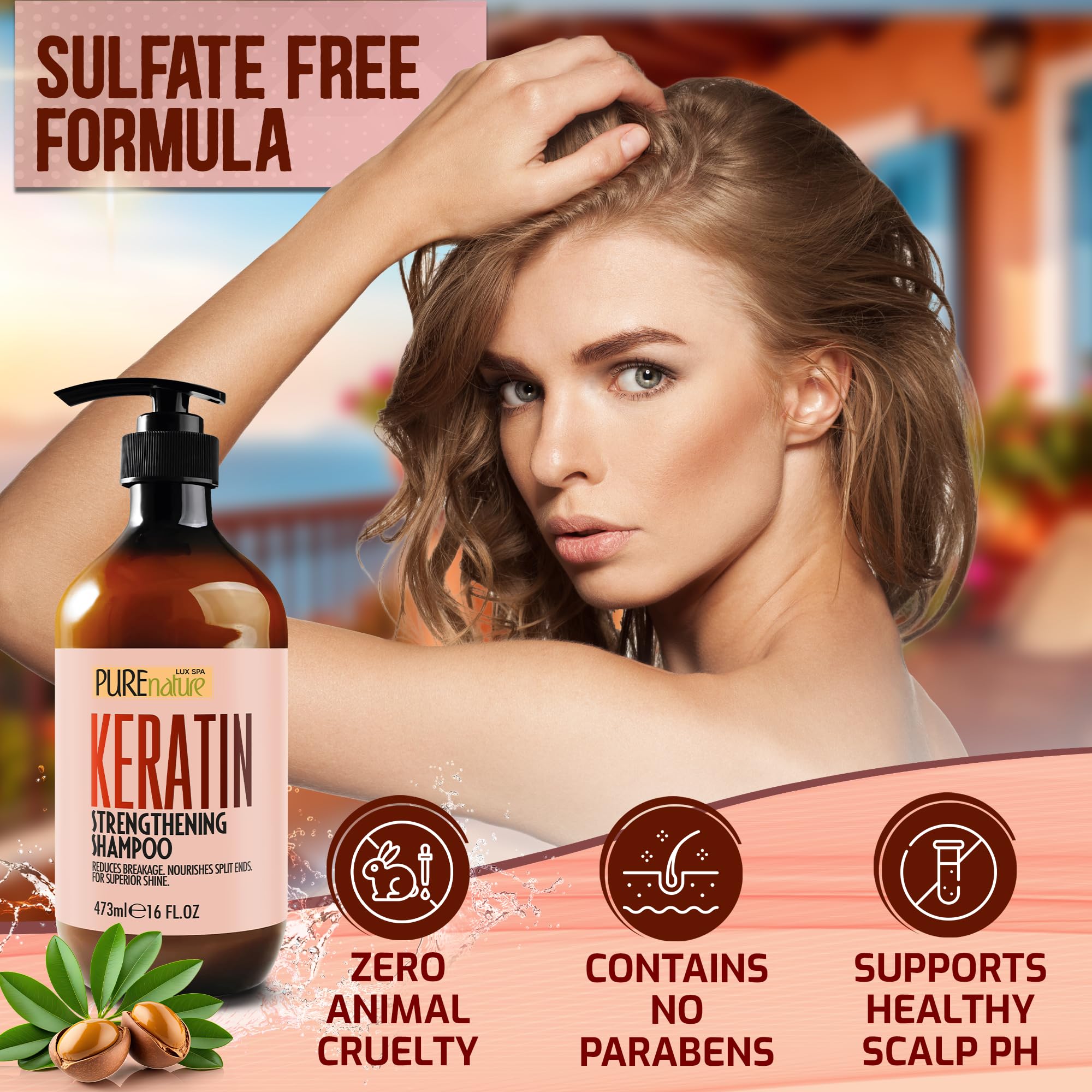 PURE NATURE LUX SPA Keratin Shampoo long hair emphasizes volume and strength.