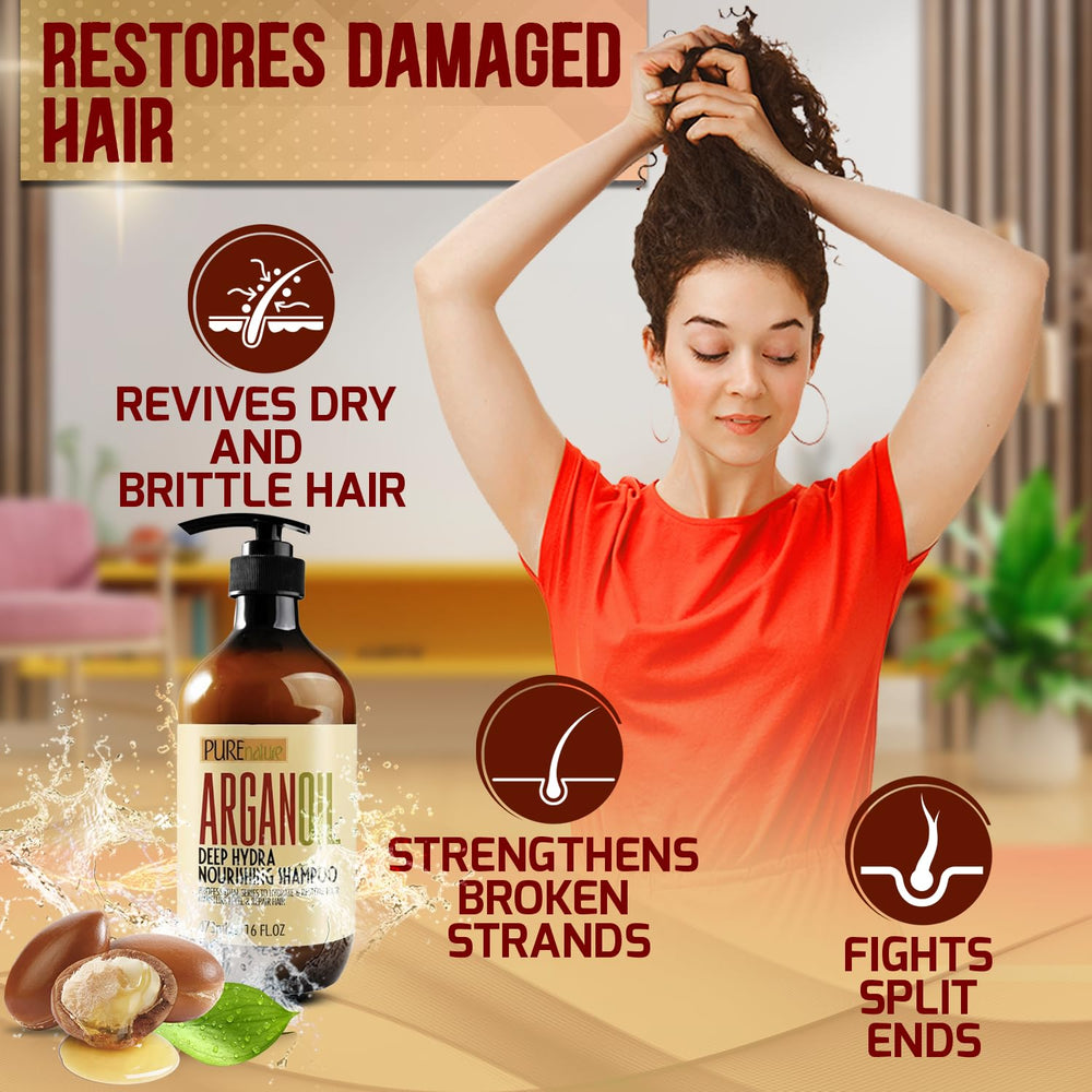Pure Nature Lux Spa Moroccan Argan Oil Shampoo on sink with scalp care in mind