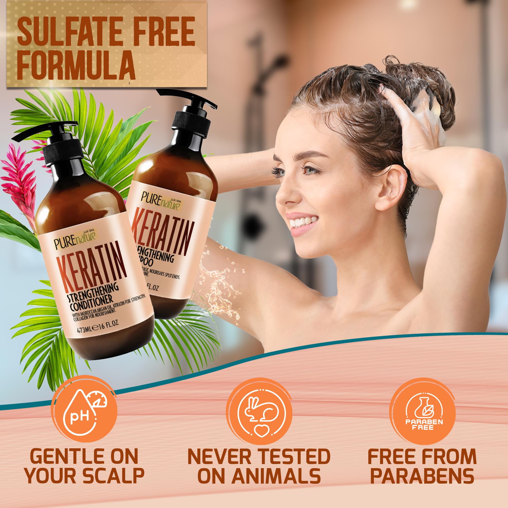 Pure Nature Lux Spa salon formula bottle suggests premium treatment with frizz control.