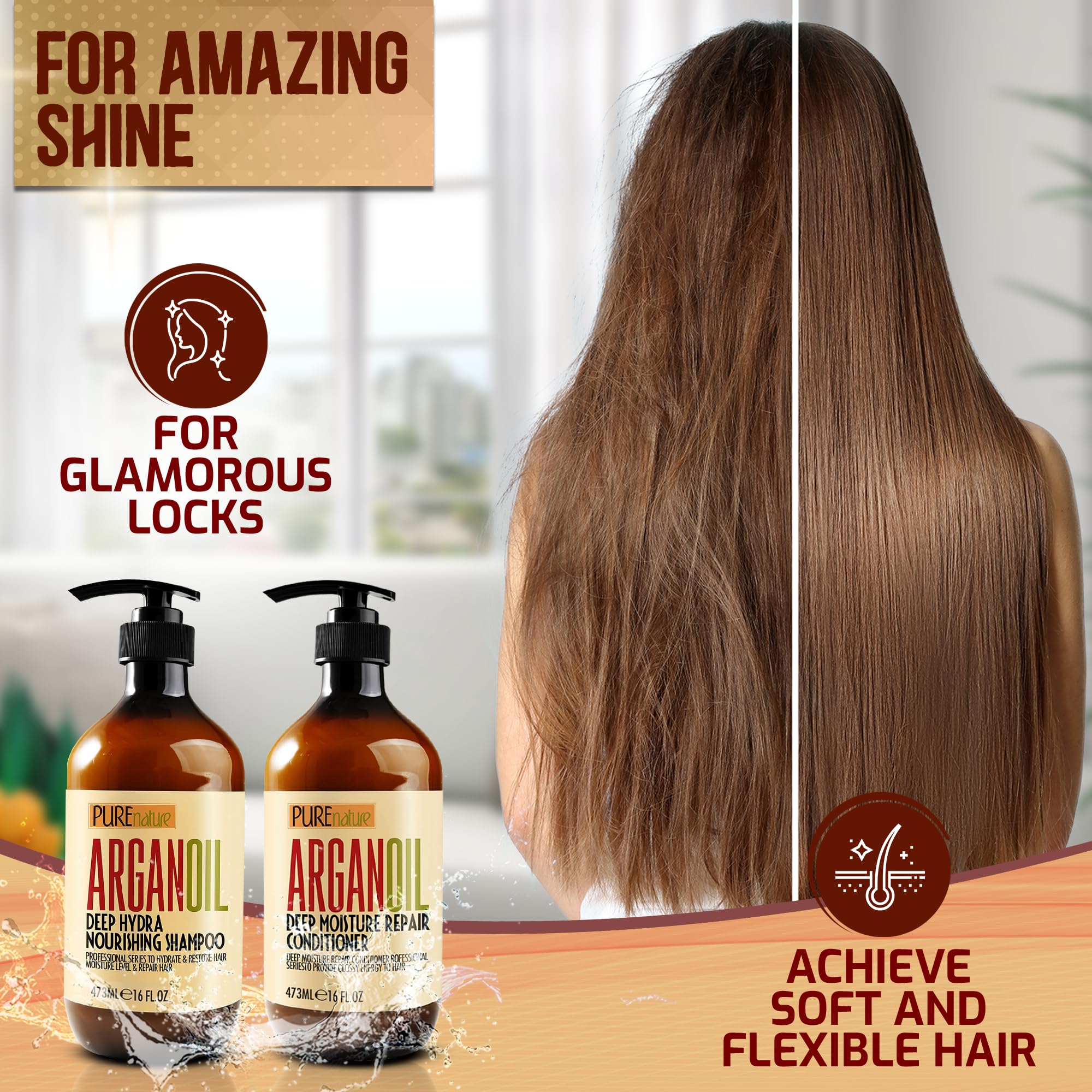 Pure Nature Lux Spa bottle shows argan formula applied for nourishment.