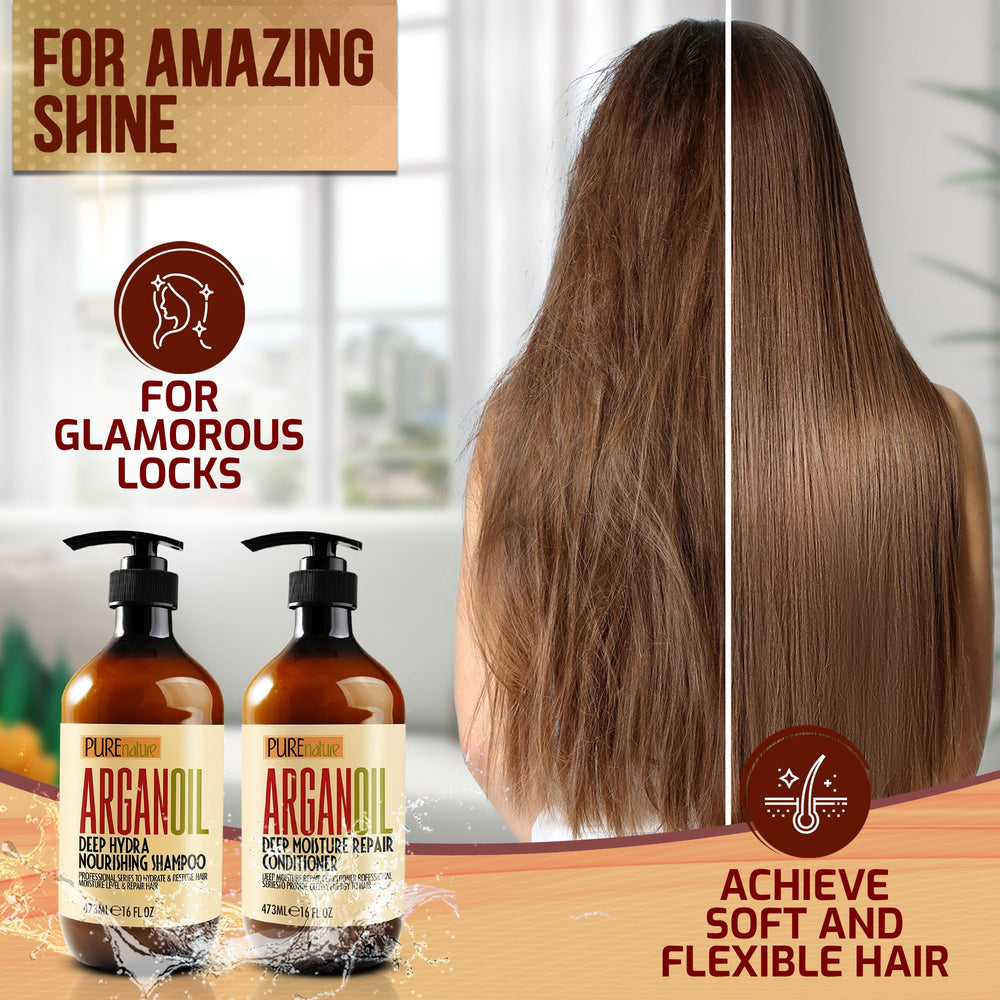 Pure Nature Lux Spa bottle shows argan formula applied for nourishment.