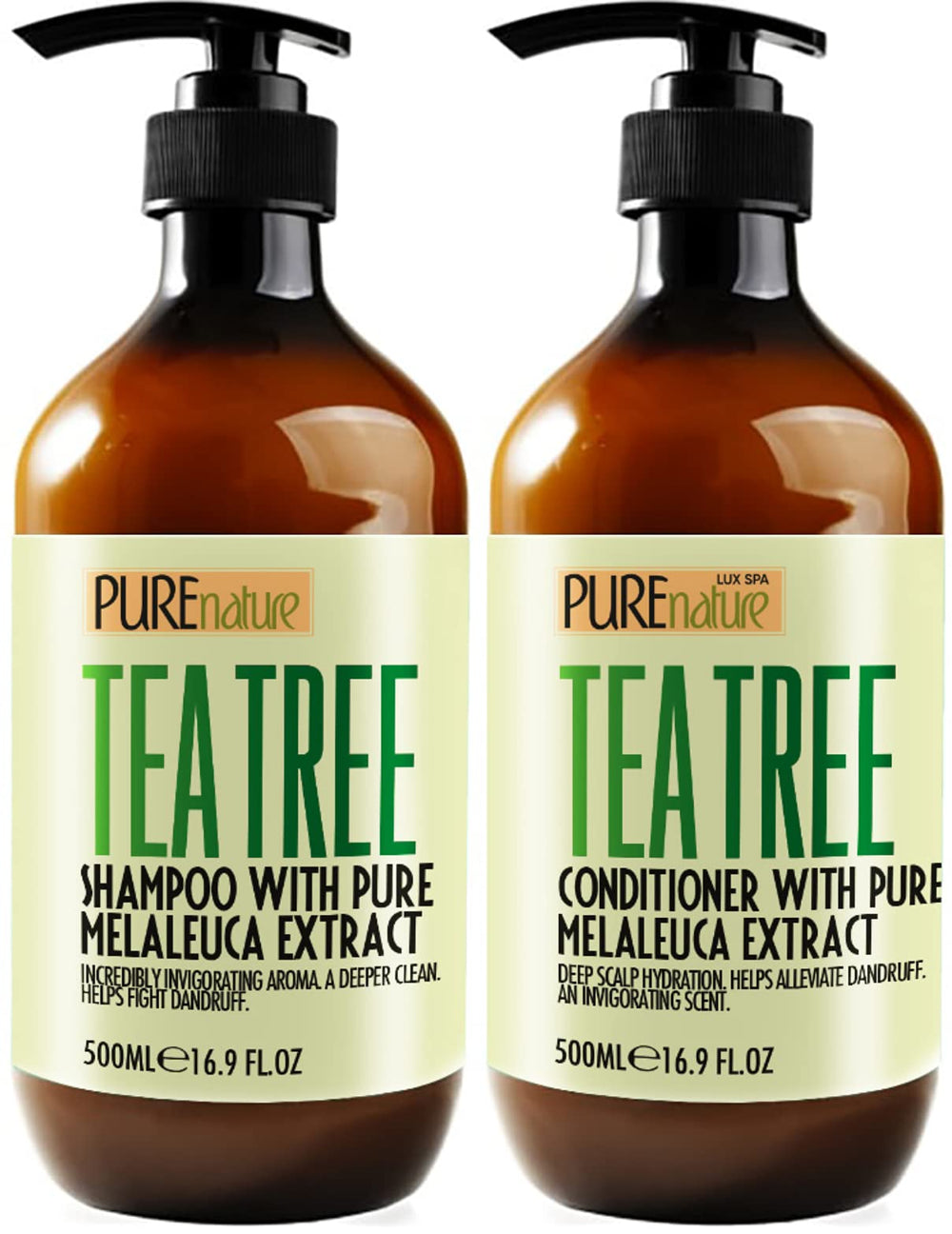 Pure Nature Lux Spa Tea Tree Shampoo bottle shows sulfate-free cleansing for oily hair