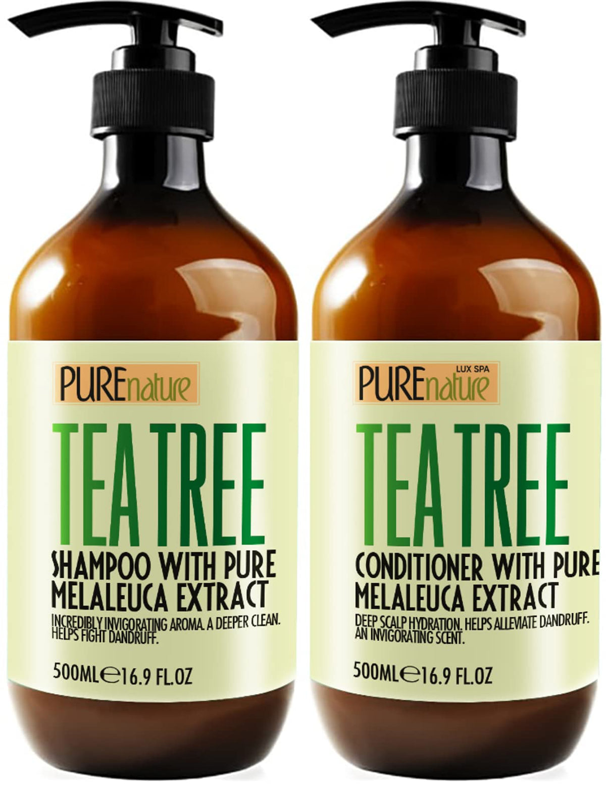 Pure Nature Lux Spa Tea Tree Shampoo bottle shows sulfate-free cleansing for oily hair
