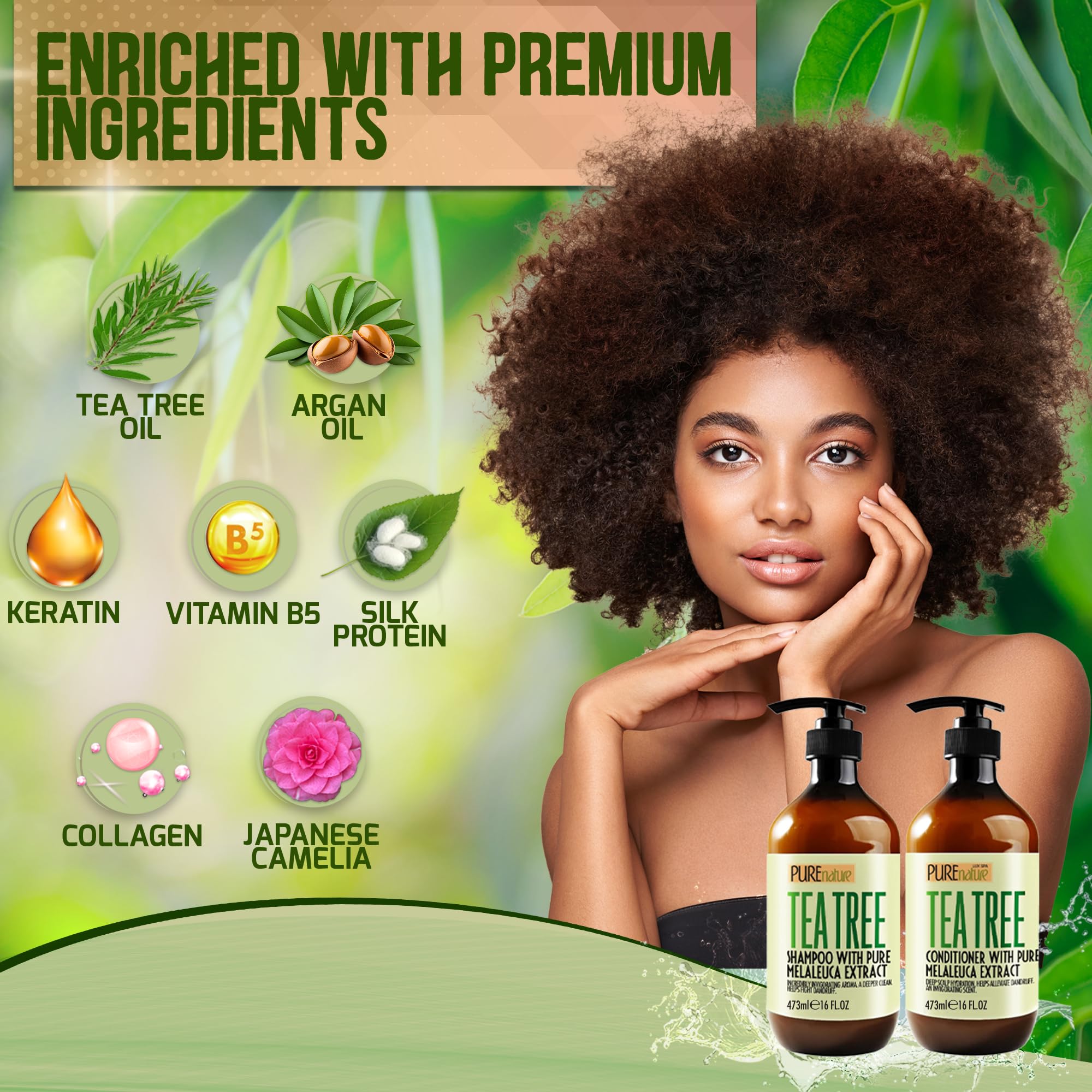 Pure Nature Lux Spa tea tree shampoo label sulfate-free closeup emphasizes scalp care