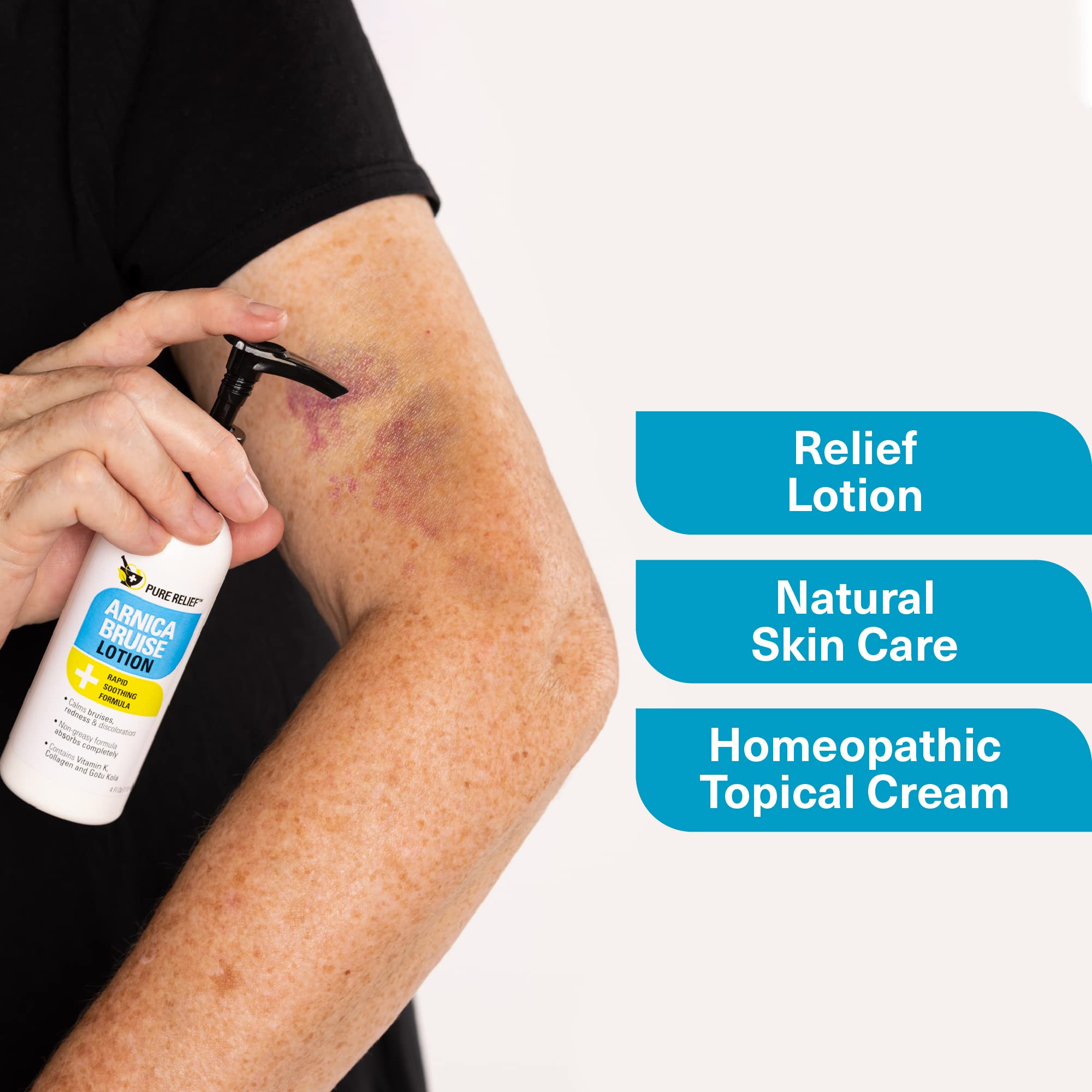 Pure Relief Arnica Cream being applied to skin for soothing relief and moisture.