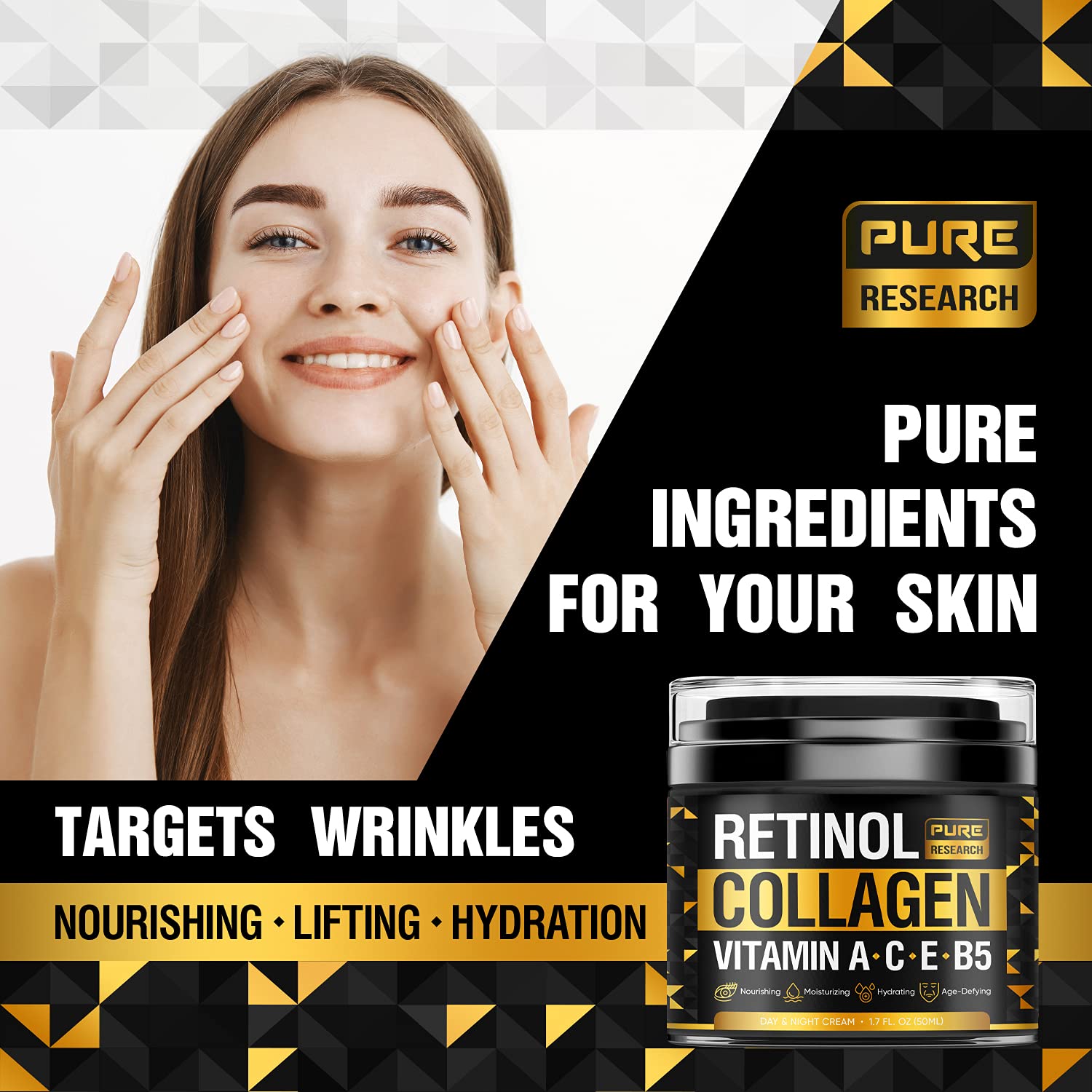 PURE RESEARCH collagen and hyaluronic acid ingredients support deep moisturization.