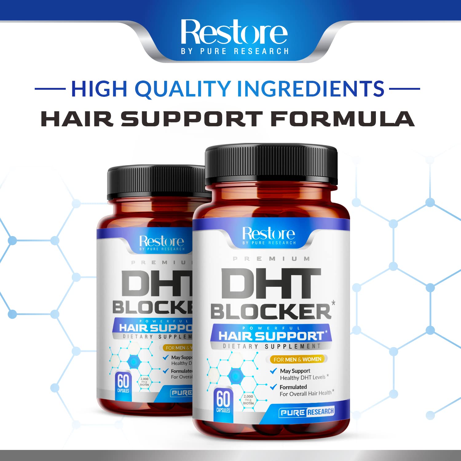 Pure Research DHT Blocker lifestyle shot showing easy daily dosing
