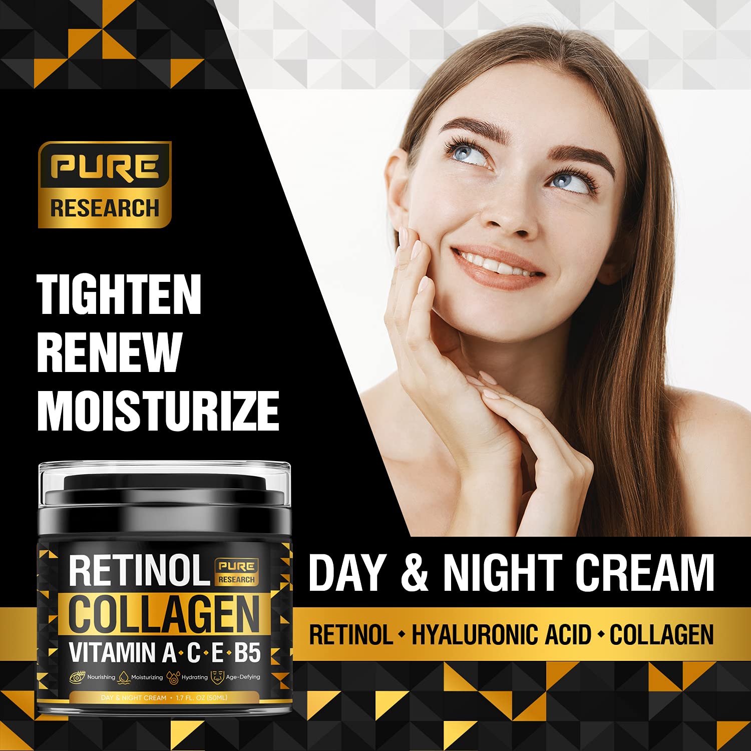 PURE RESEARCH collagen cream firms skin on face, neck, and décolletage.