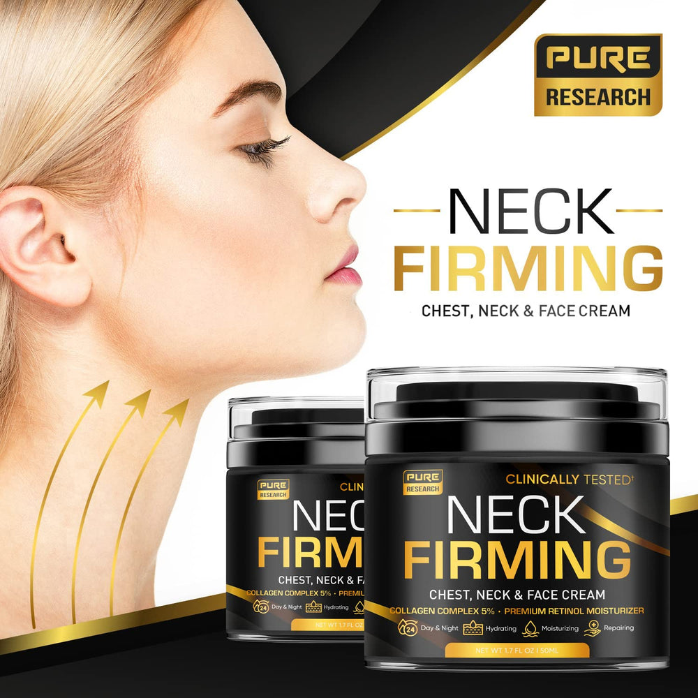 Pure Research Neck Firming Cream applied to the neck showing gentle lifting support.