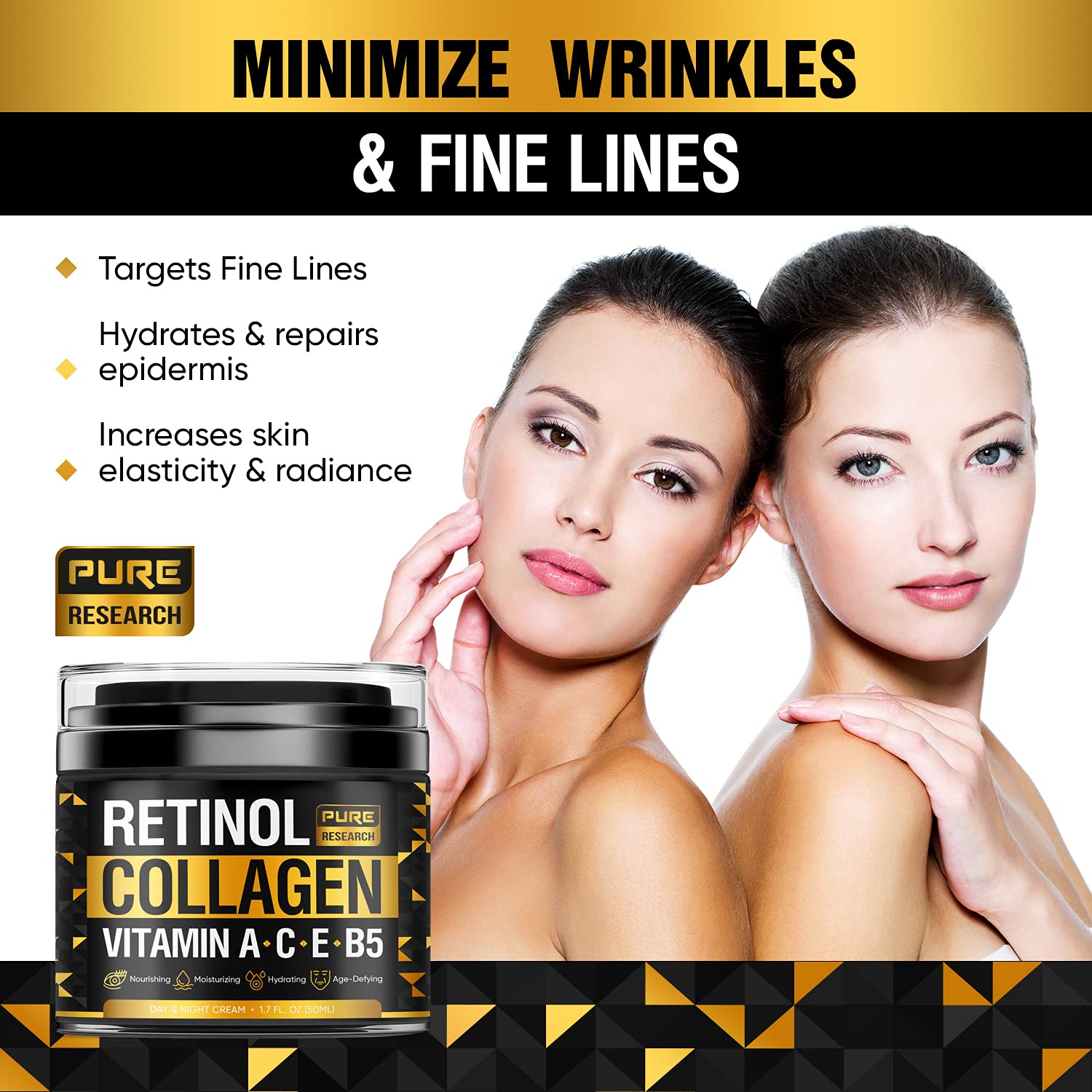 PURE RESEARCH Retinol Face Cream texture close-up shows creamy application.