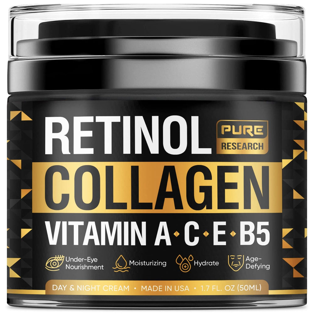 PURE RESEARCH Retinol Face Cream tube for daily anti-aging hydration and care.