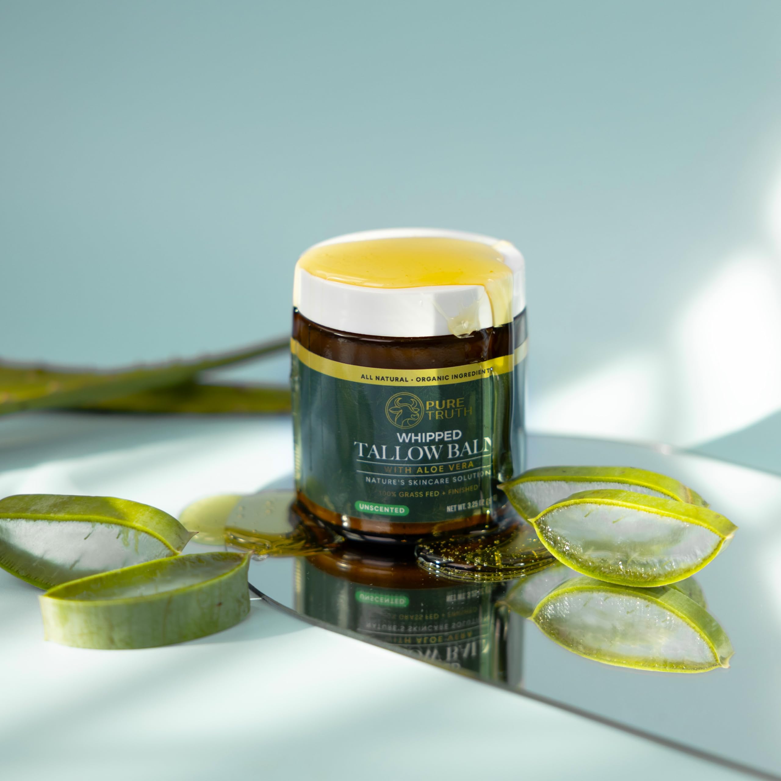 Pure Truth grass-fed USA beef tallow close-up shows nutrient-dense skincare.