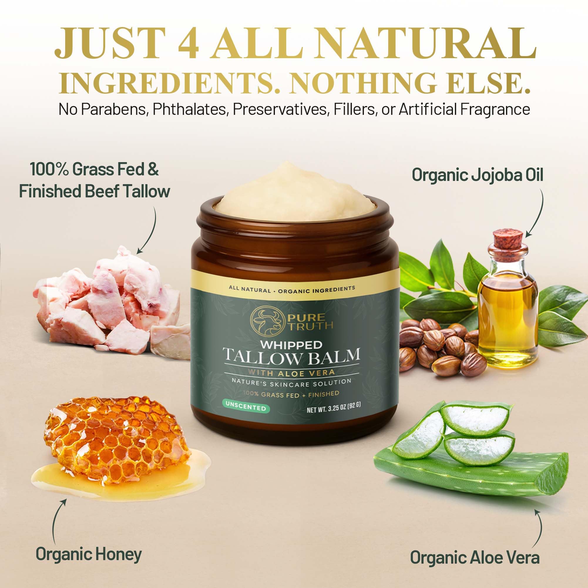 Pure Truth whipped tallow honey balm applies a rich texture for supplemental skin nourishment.