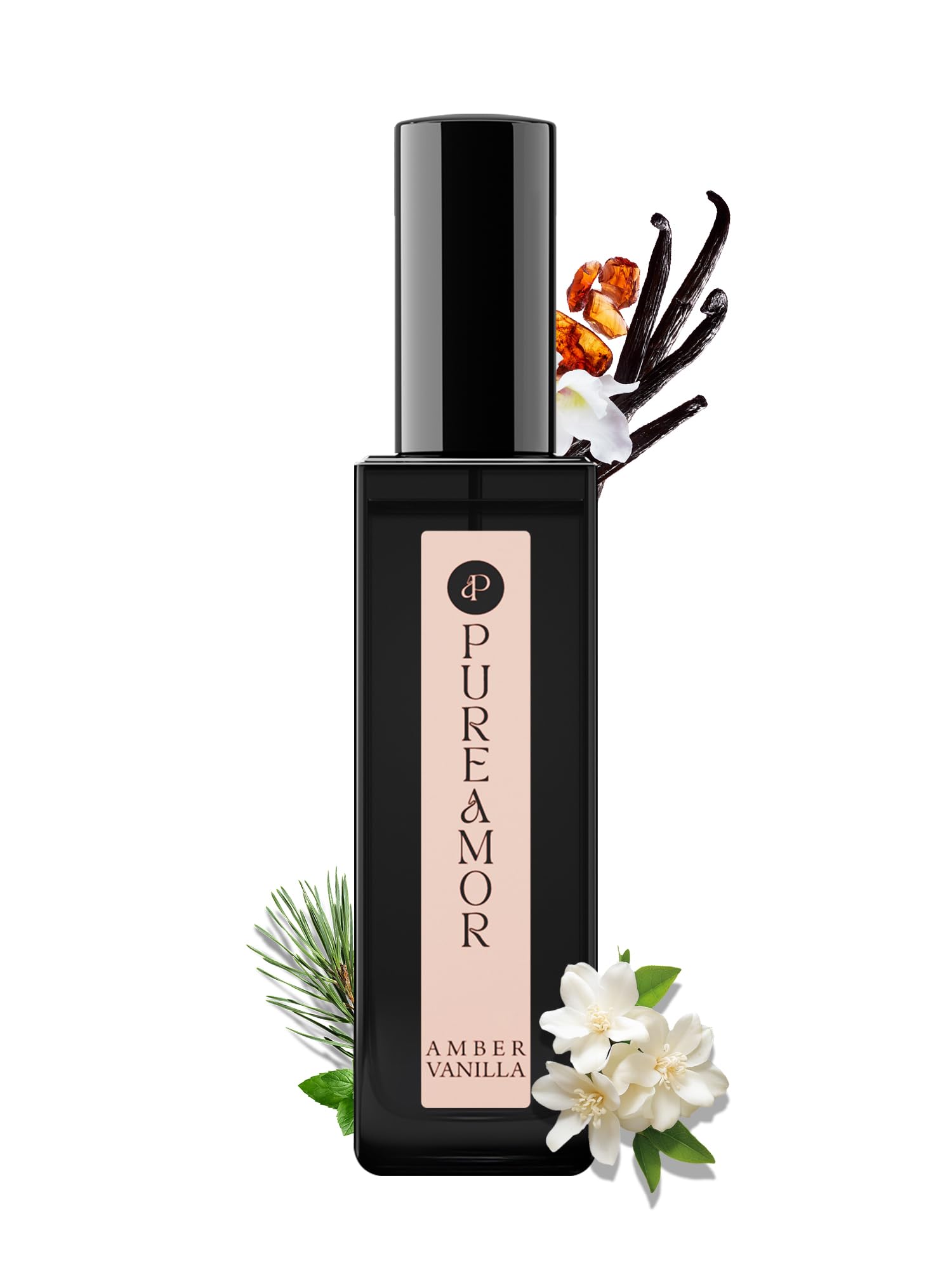 PUREAMOR Amber Vanilla perfume bottle shows warm vanilla amber for evening wear.