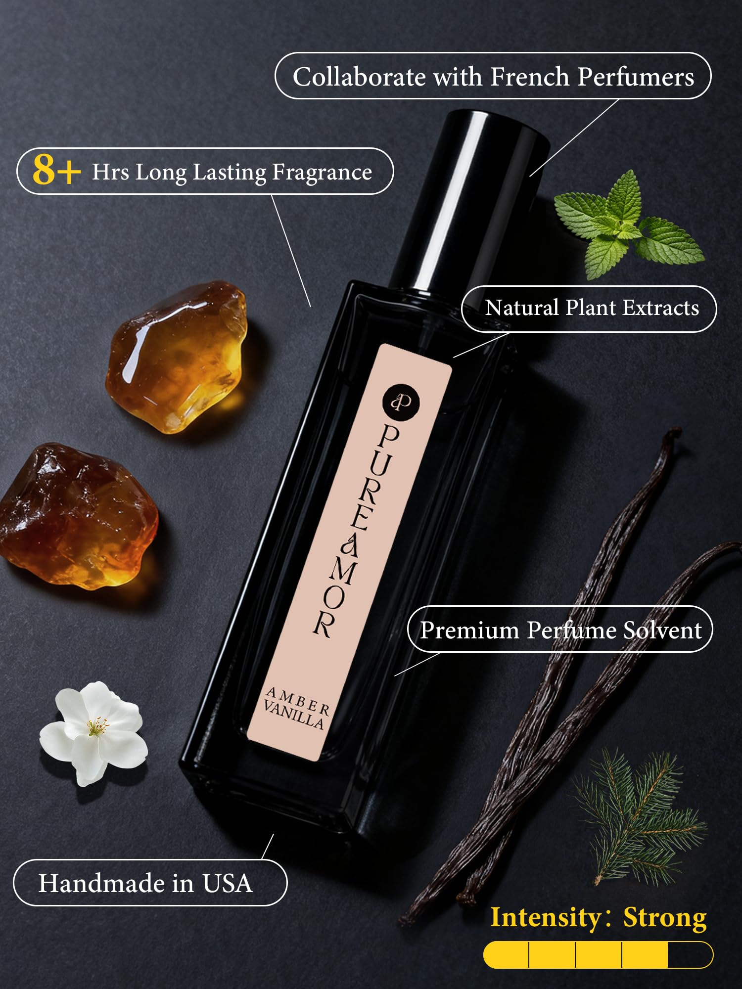 PUREAMOR USA-made perfume bottle emphasizing premium quality.