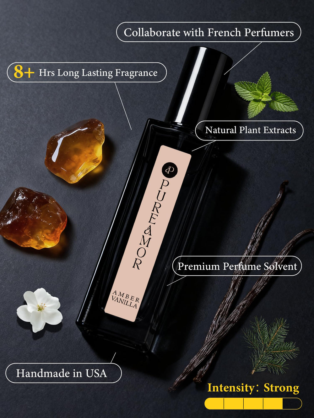 PUREAMOR USA-made perfume bottle emphasizing premium quality.
