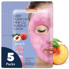 Purederm Deep Purifying Pink O2 Bubble Mask Peach five-pack packaging.