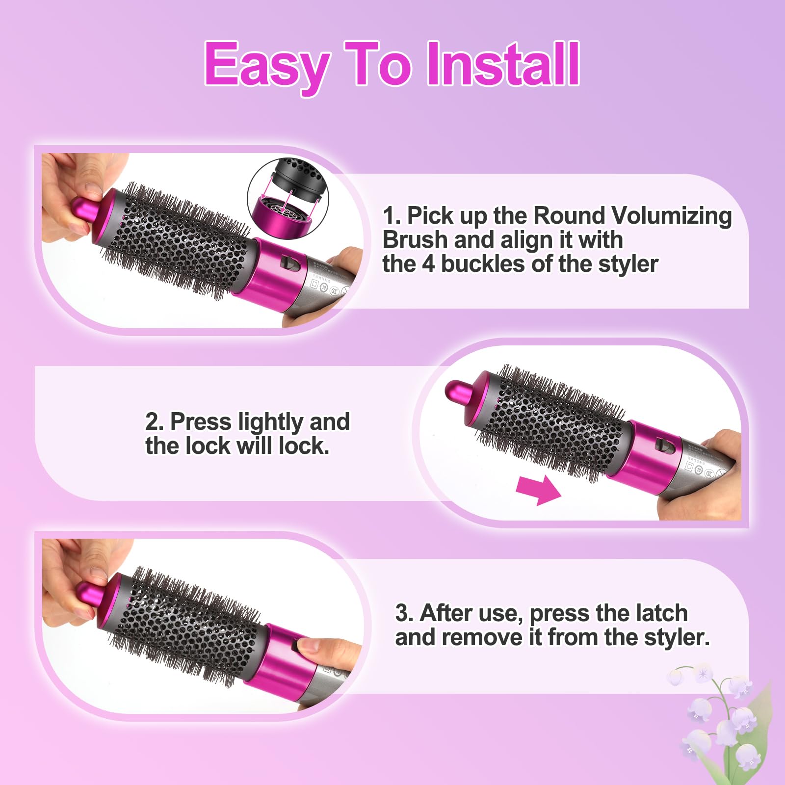PUREGUST dense bristles round brush rose for Dyson Airwrap offers strong lift