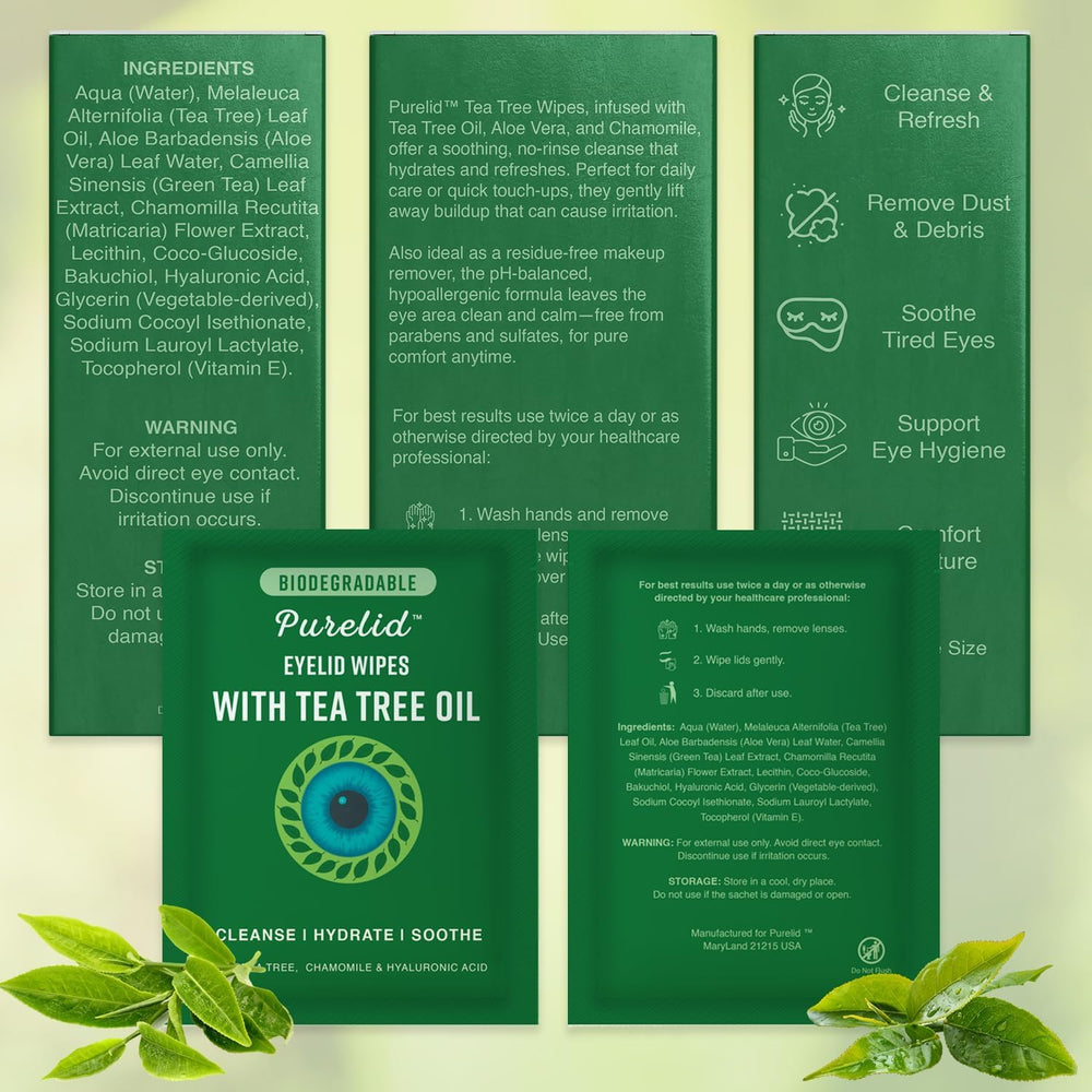 PURELID Tea Tree Eyelid Wipes close-up shows cleansing action that supports tidy lids.