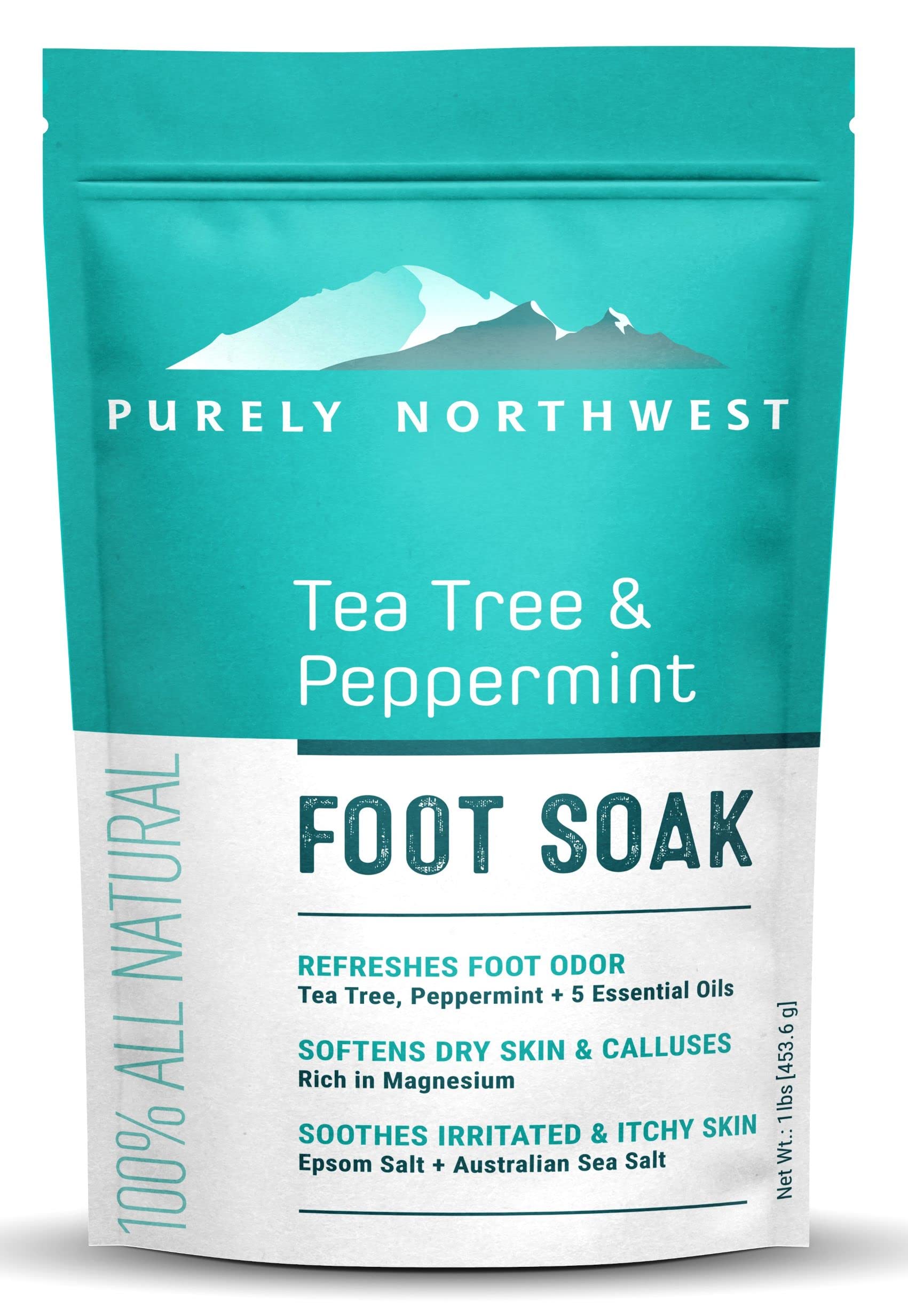 Purely Northwest Epsom Tea Tree Foot Soak bottle for soothing feet and softening calluses