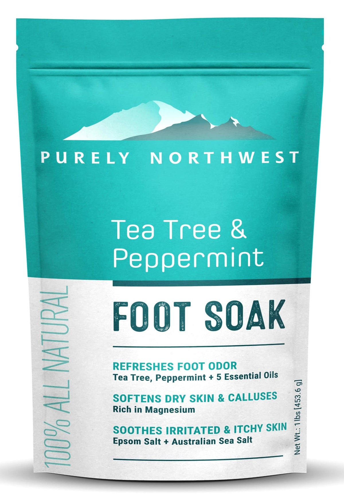 Purely Northwest Epsom Tea Tree Foot Soak bottle for soothing feet and softening calluses