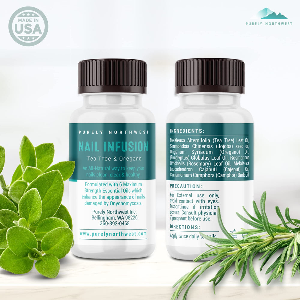 Purely Northwest natural nail care routine with bottle and dropper.